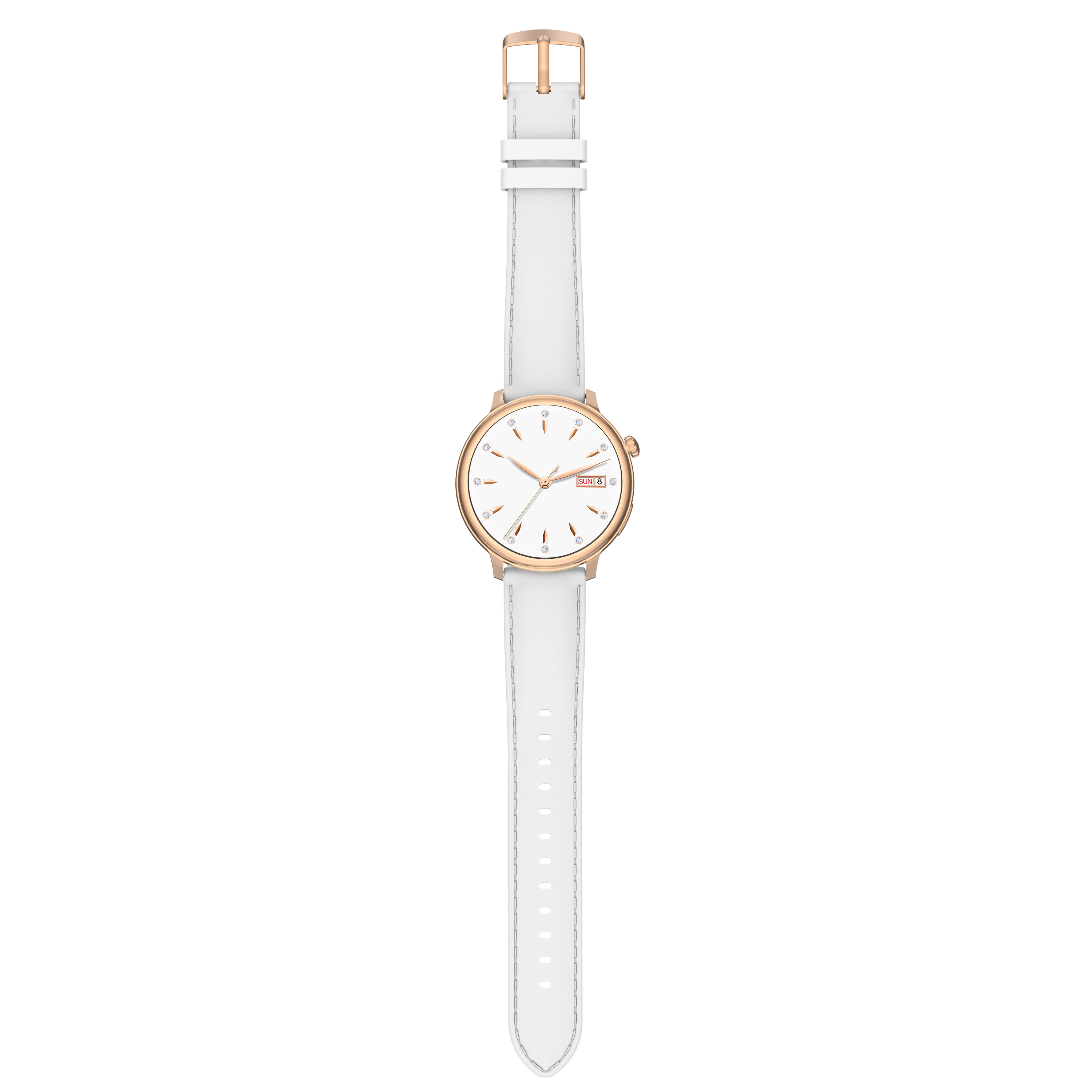 A white wristwatch with a rose gold case and white strap. The watch face is white with gold hands and markers.