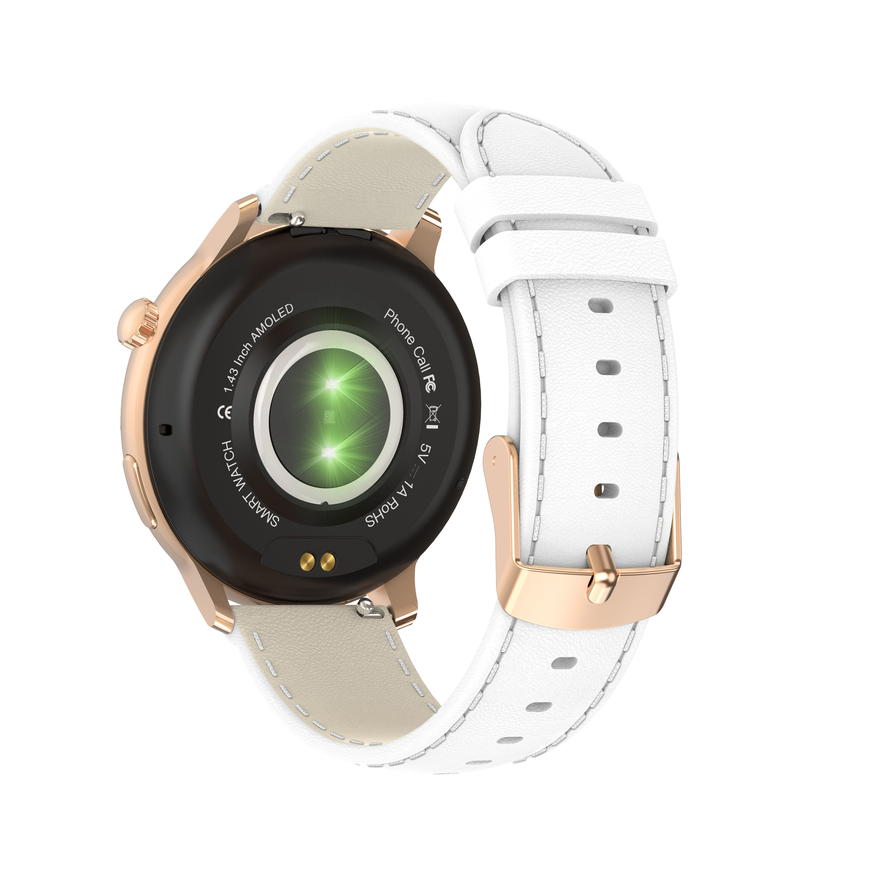 A gold smartwatch with a white leather strap. The watch face is black with green lights. The strap is fastened.