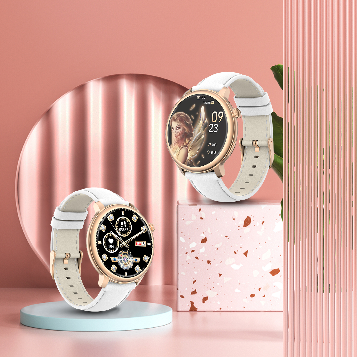 Two smartwatches with white straps and gold cases are displayed. One shows a woman's face, the other shows data. Pink backdrop.