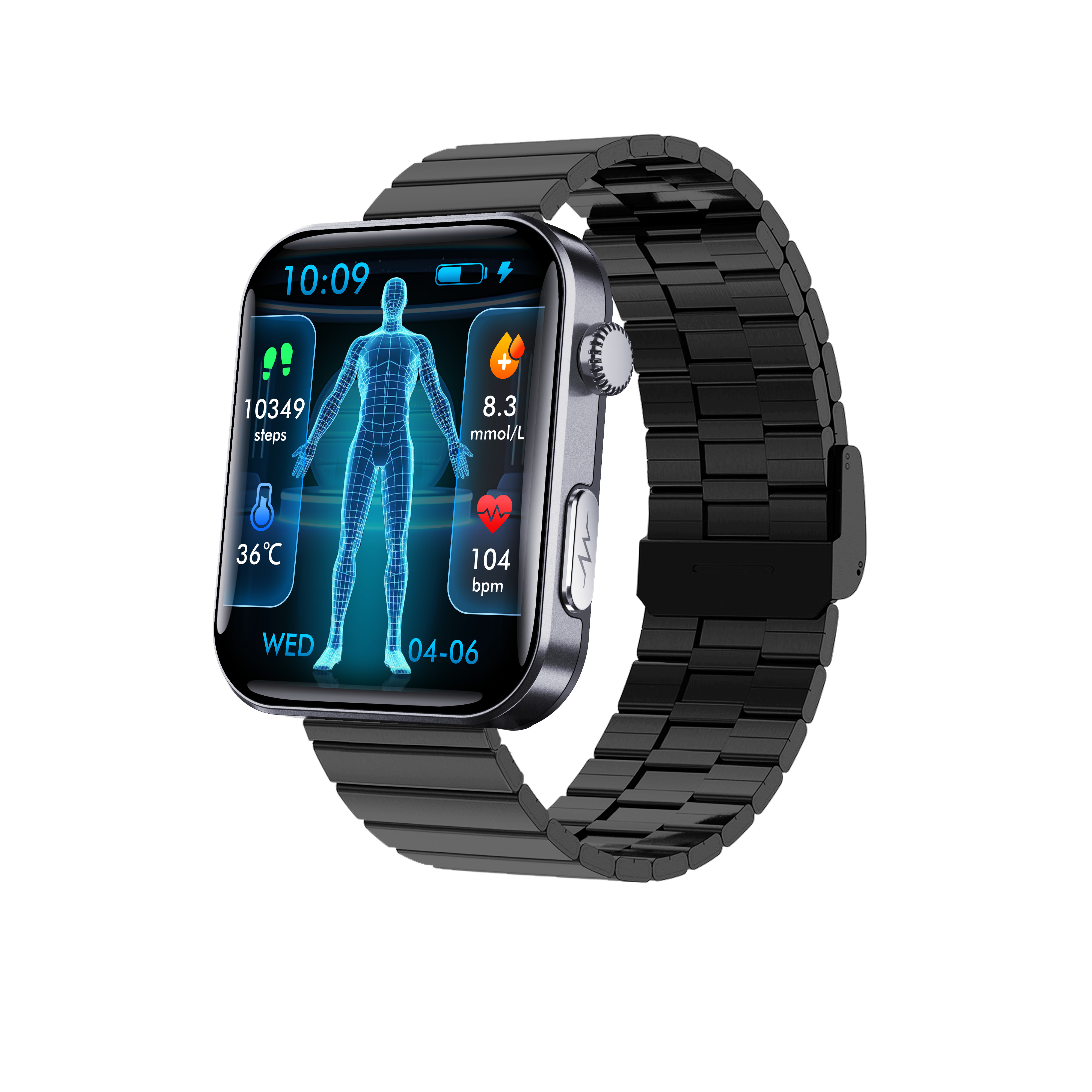 Eine Smartwatch mit schwarzem Armband zeigt Gesundheitsdaten an: Schritte, Temperatur, Herzfrequenz und Blutzucker.