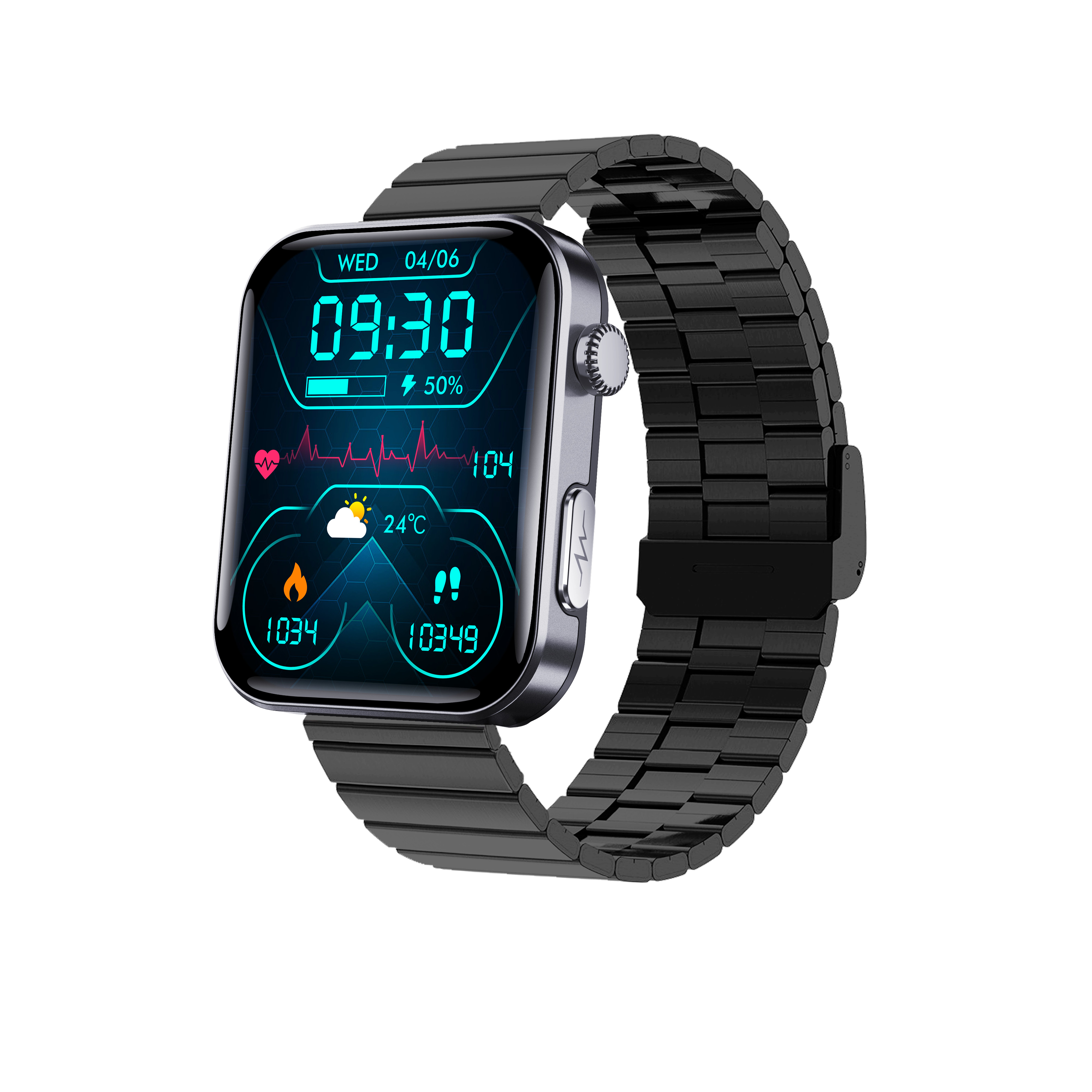 Eine Smartwatch mit schwarzem Metallarmband zeigt Uhrzeit, Datum, Akku, Herzfrequenz, Temperatur und Aktivitätsstatistiken an.