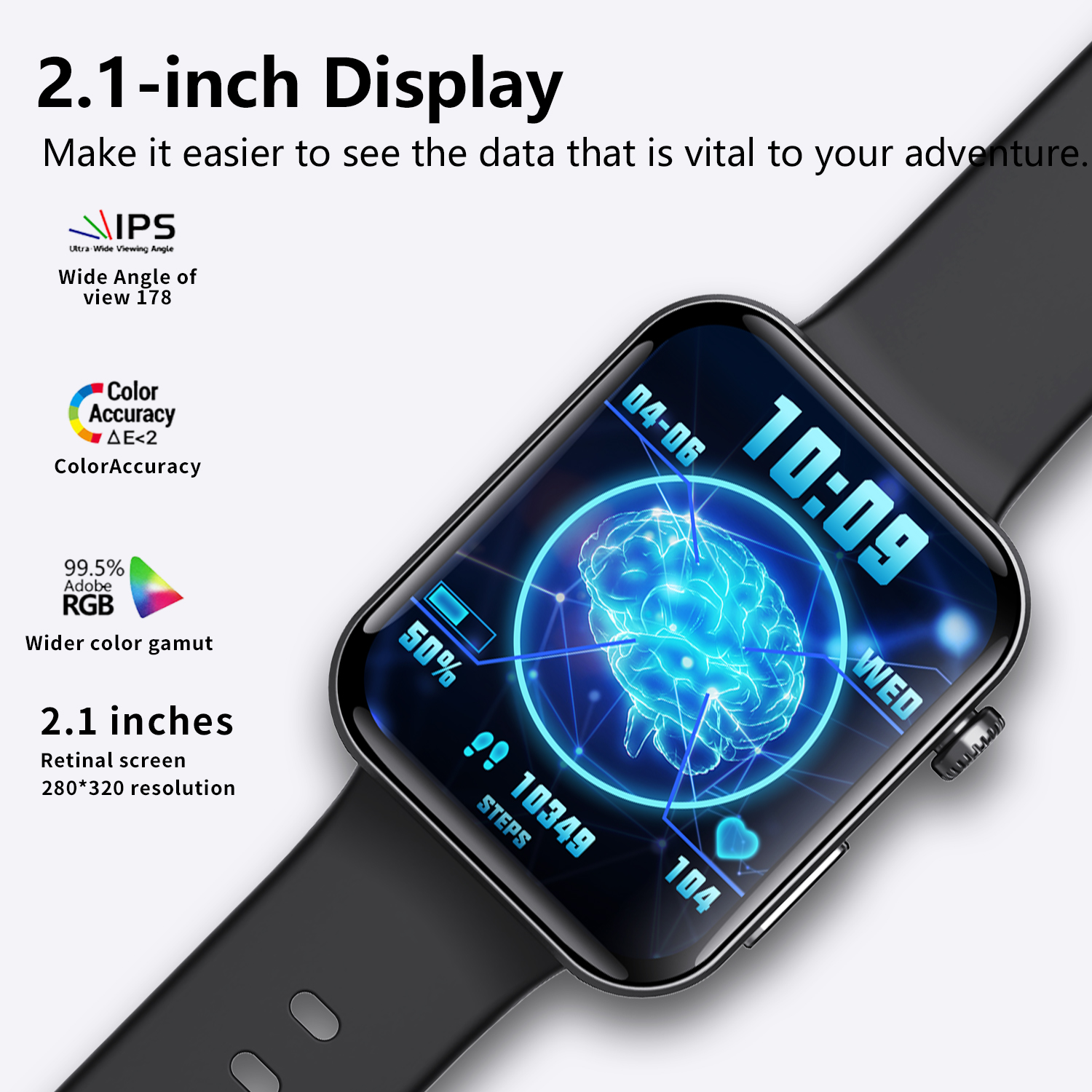 Smartwatch mit schwarzem Armband, zeigt Zeit, gehirnähnliche Grafik und Gesundheitsdaten. Textdetails: Bildschirmgröße, Farbgenauigkeit, Auflösung.