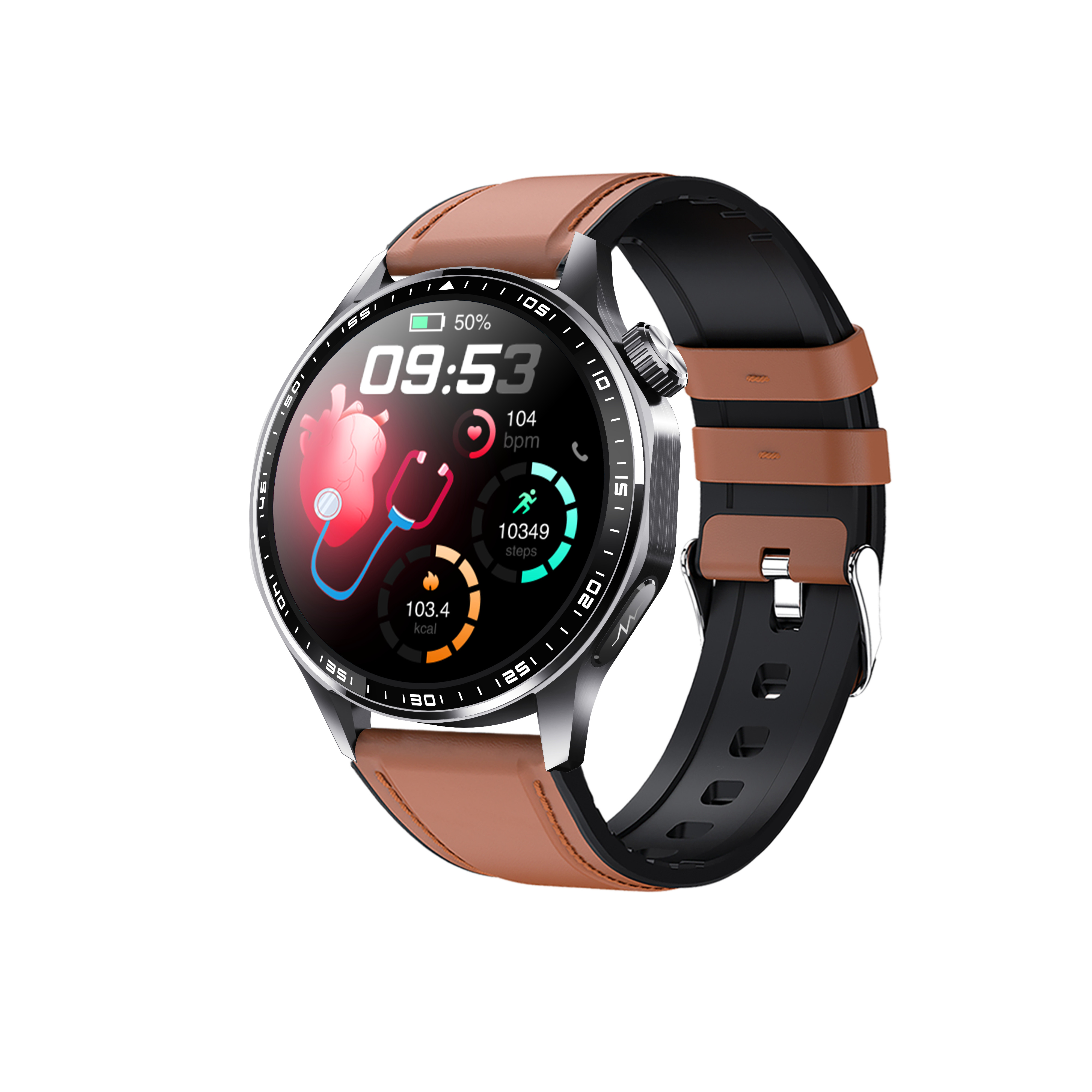 Eine Smartwatch mit braunem Lederarmband zeigt Gesundheitsmetriken wie Zeit, Herzfrequenz und Schritte auf weißem Hintergrund.