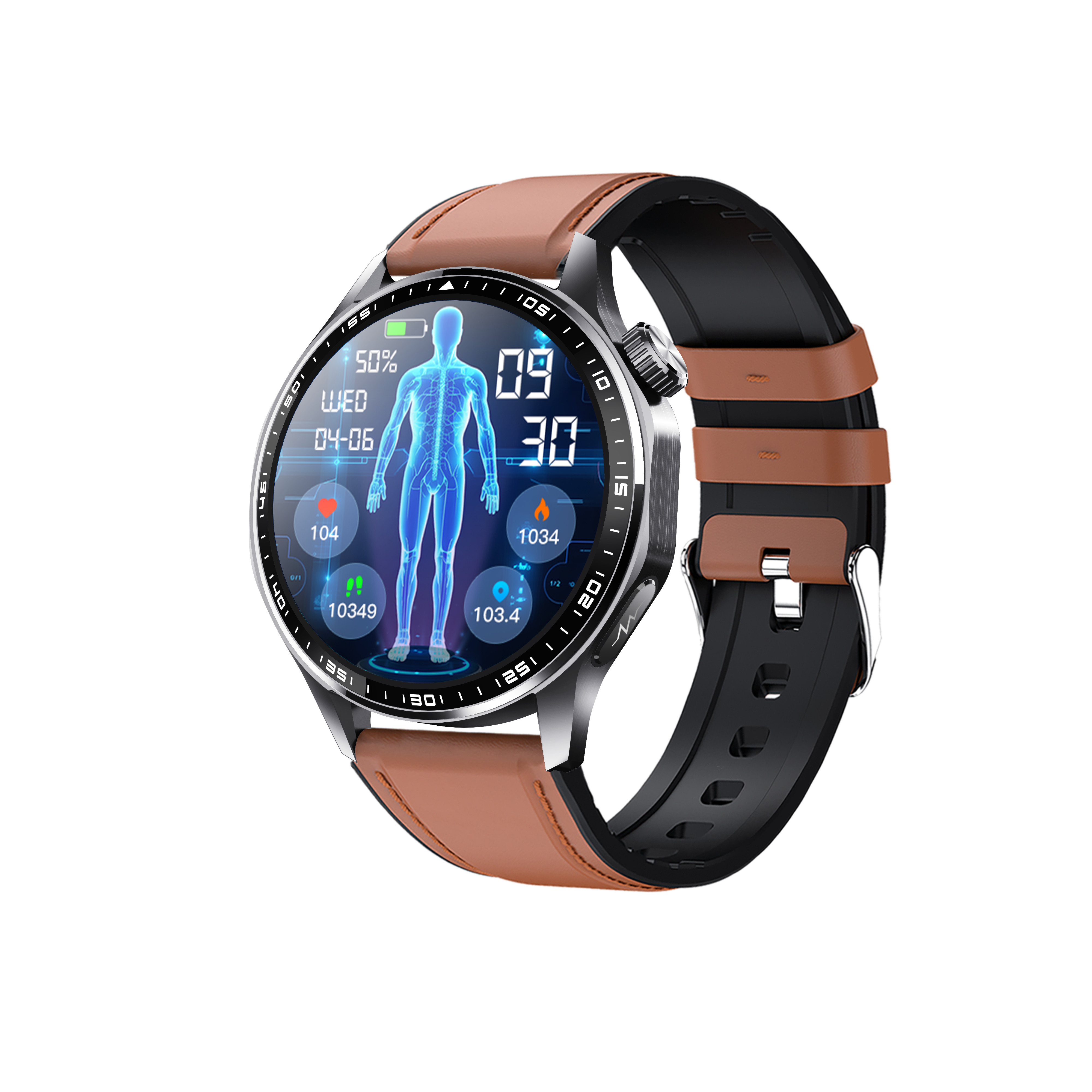 Smartwatch mit braunem Lederarmband, zeigt Gesundheitsmetriken und Zeit an. Der Bildschirm zeigt ein menschliches Diagramm.