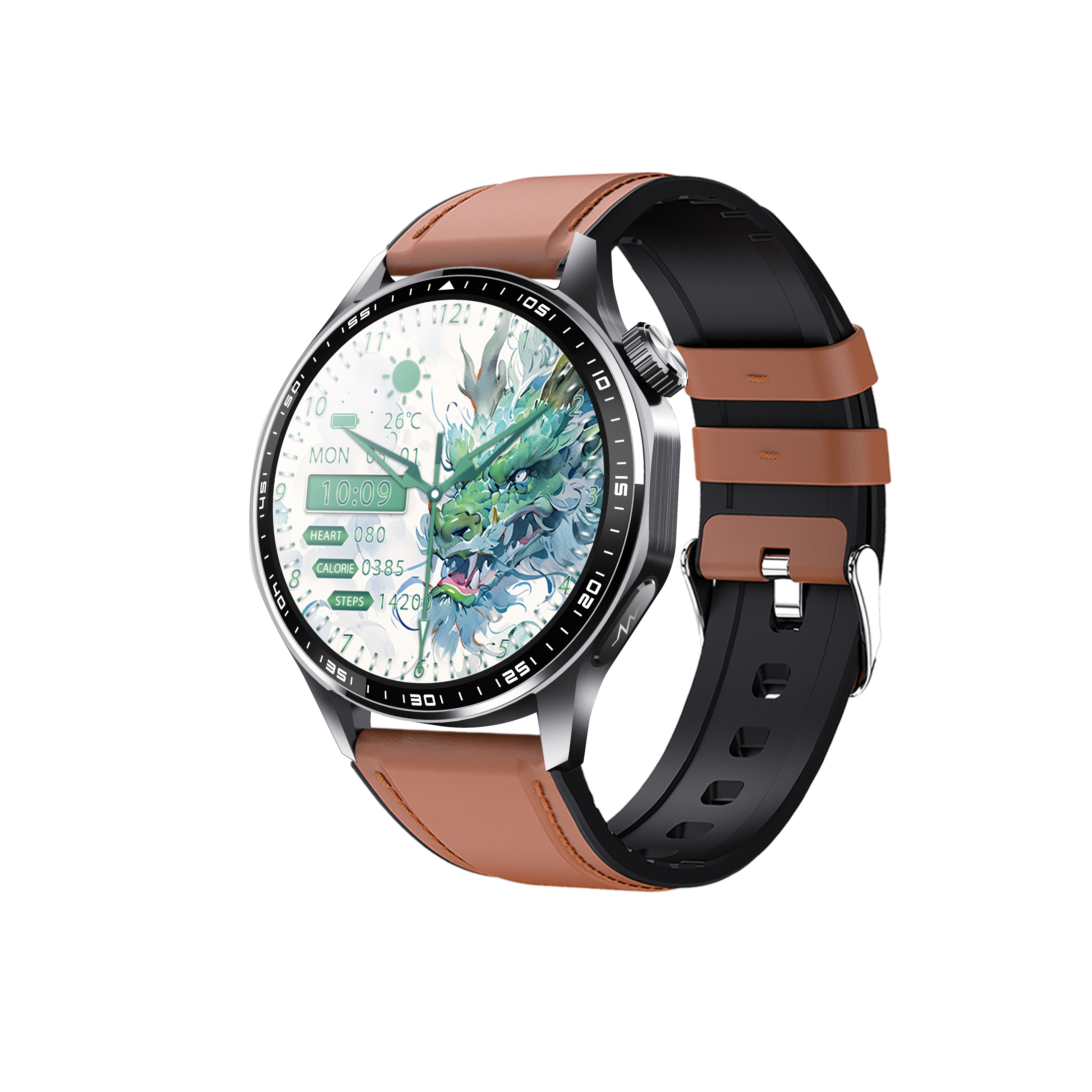 Eine Smartwatch mit einem schwarzen und braunen Armband. Das Zifferblatt zeigt Zeit- und Gesundheitsdaten und eine Drachenillustration.