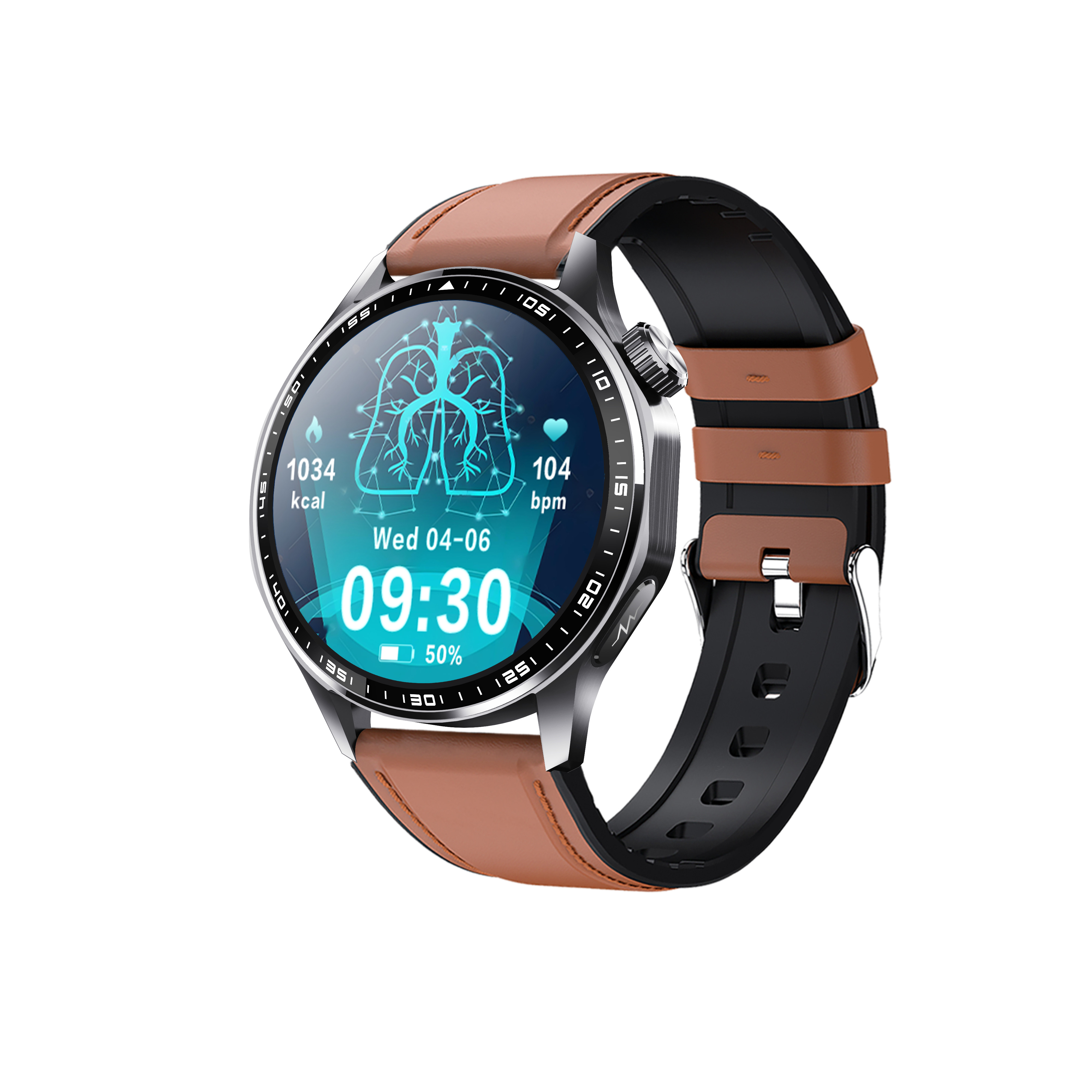Eine Smartwatch mit braunem Lederarmband zeigt Gesundheitsmetriken auf dem Bildschirm, einschließlich Zeit, Kalorien und Herzfrequenz.