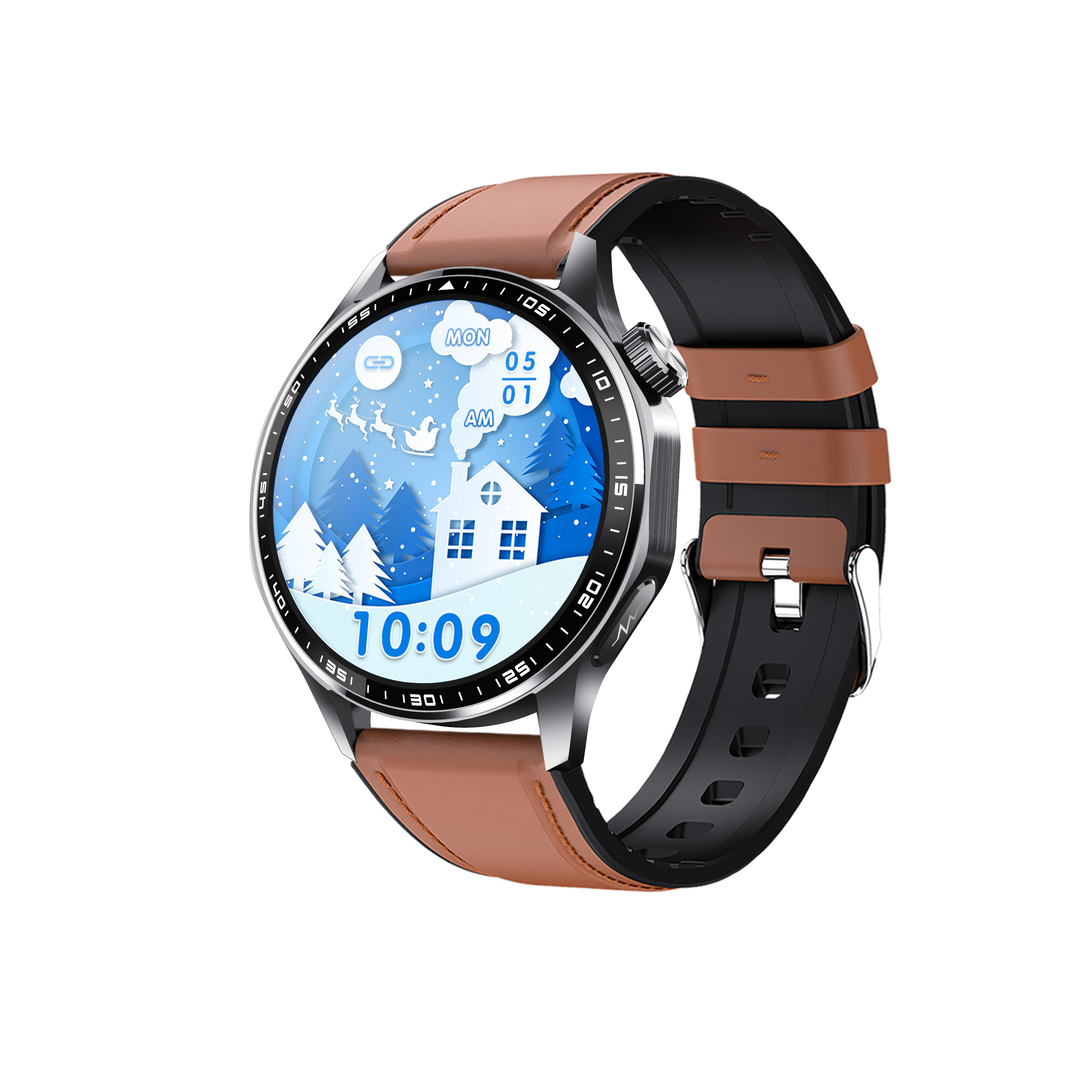 Eine Smartwatch mit braunem Lederarmband. Das Zifferblatt zeigt eine Winterszene mit Haus, Bäumen und Uhrzeit.