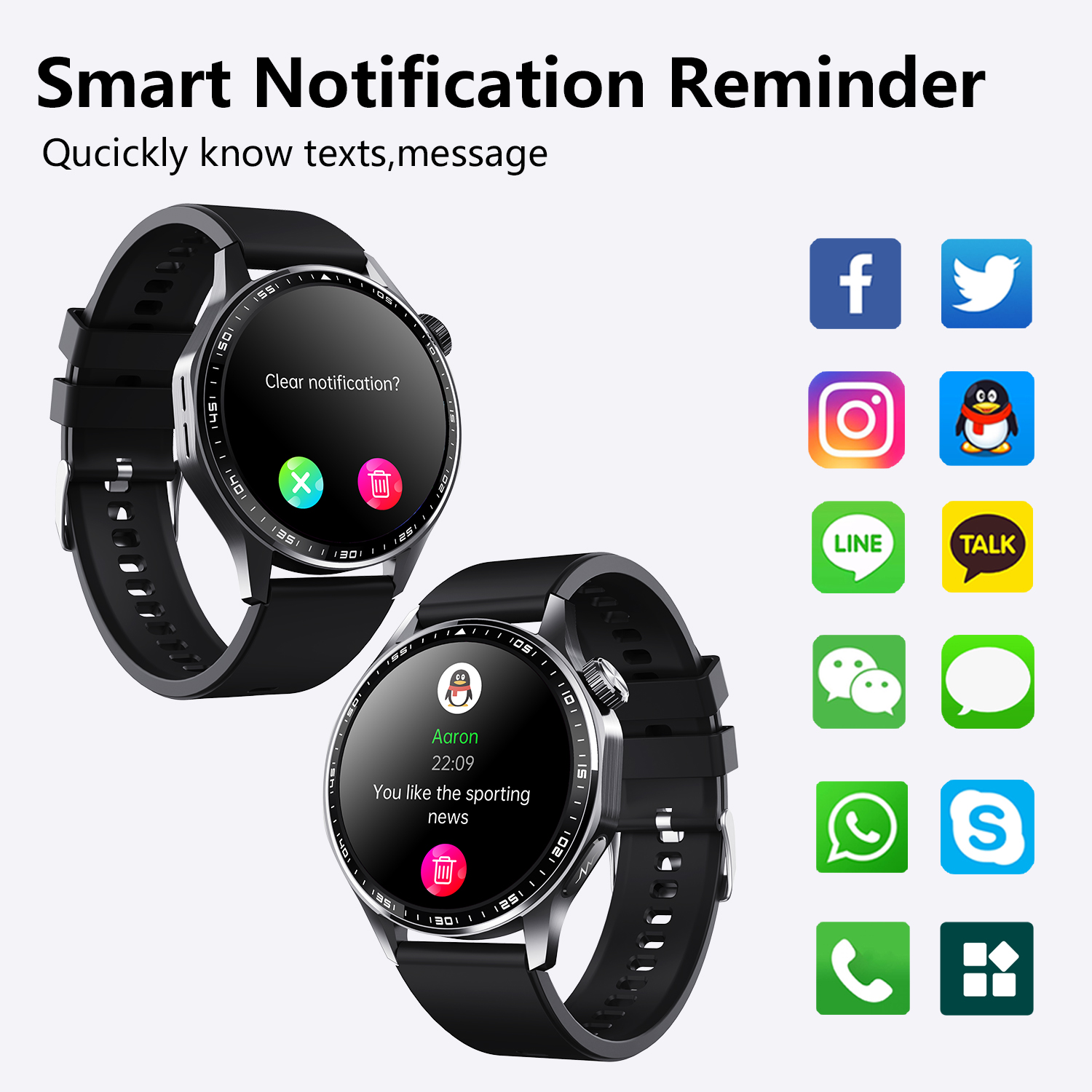Due smartwatch con cinturini neri mostrano notifiche. Icone di app di social media sullo sfondo. Il testo dice 'Smart Notification'.