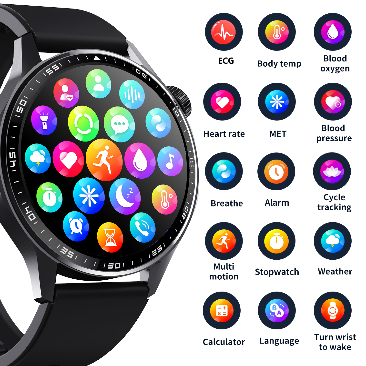 Uno smartwatch con cinturino nero mostra icone di app colorate sullo schermo. Le icone includono metriche sanitarie e varie utilità.