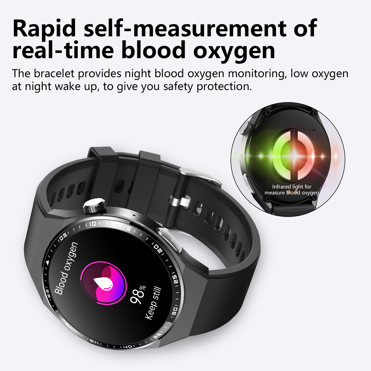Eine Smartwatch zeigt den Blutsauerstoffgehalt an. Sie hat ein schwarzes Armband und einen Bildschirm mit einem Prozentsatz und den Worten 'Blutsauerstoff'.