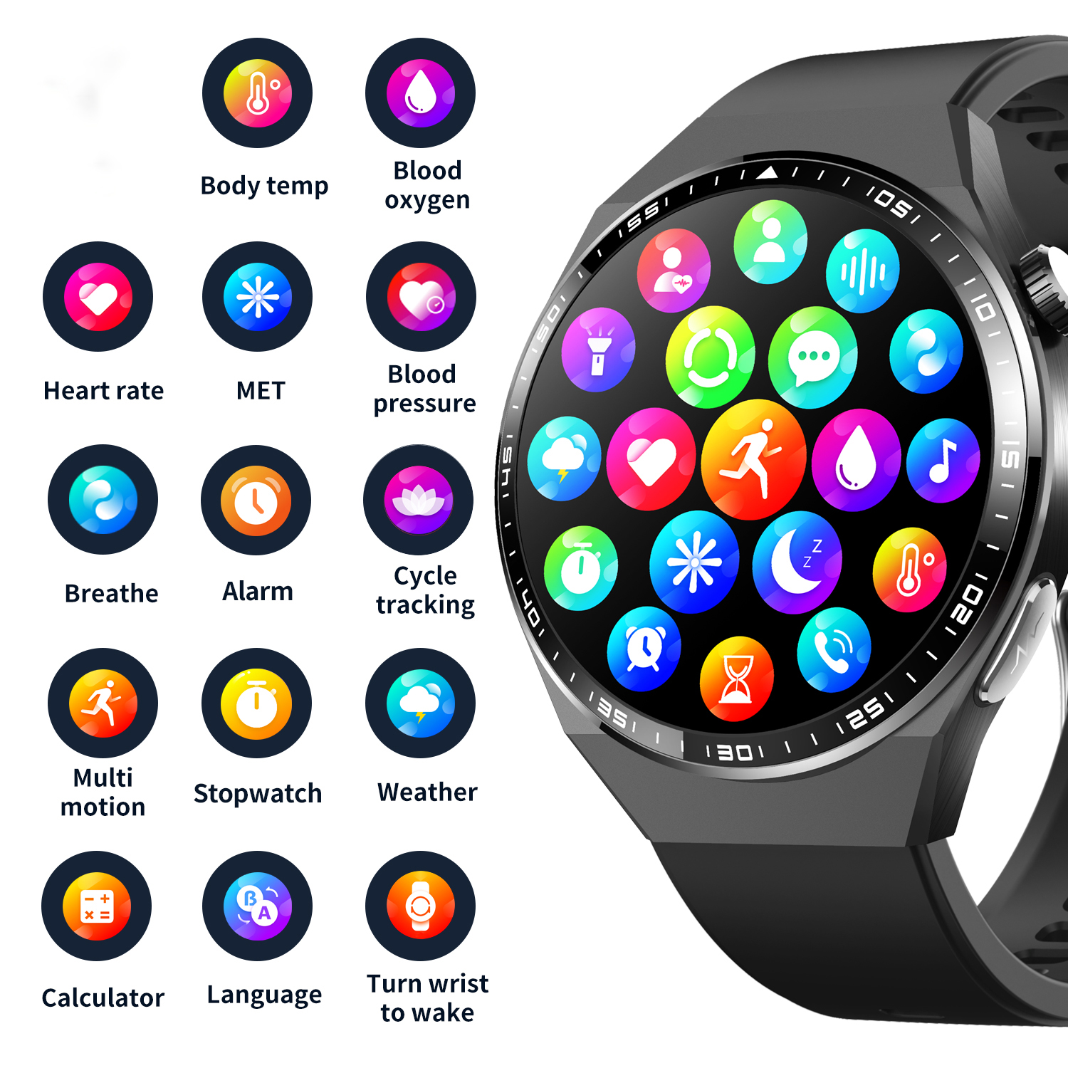 Eine schwarze Smartwatch zeigt verschiedene Gesundheitsmetriken und App-Symbole an. Dazu gehören Herzfrequenz, Blutsauerstoff, Körpertemperatur und Multi-Motion-Tracking.