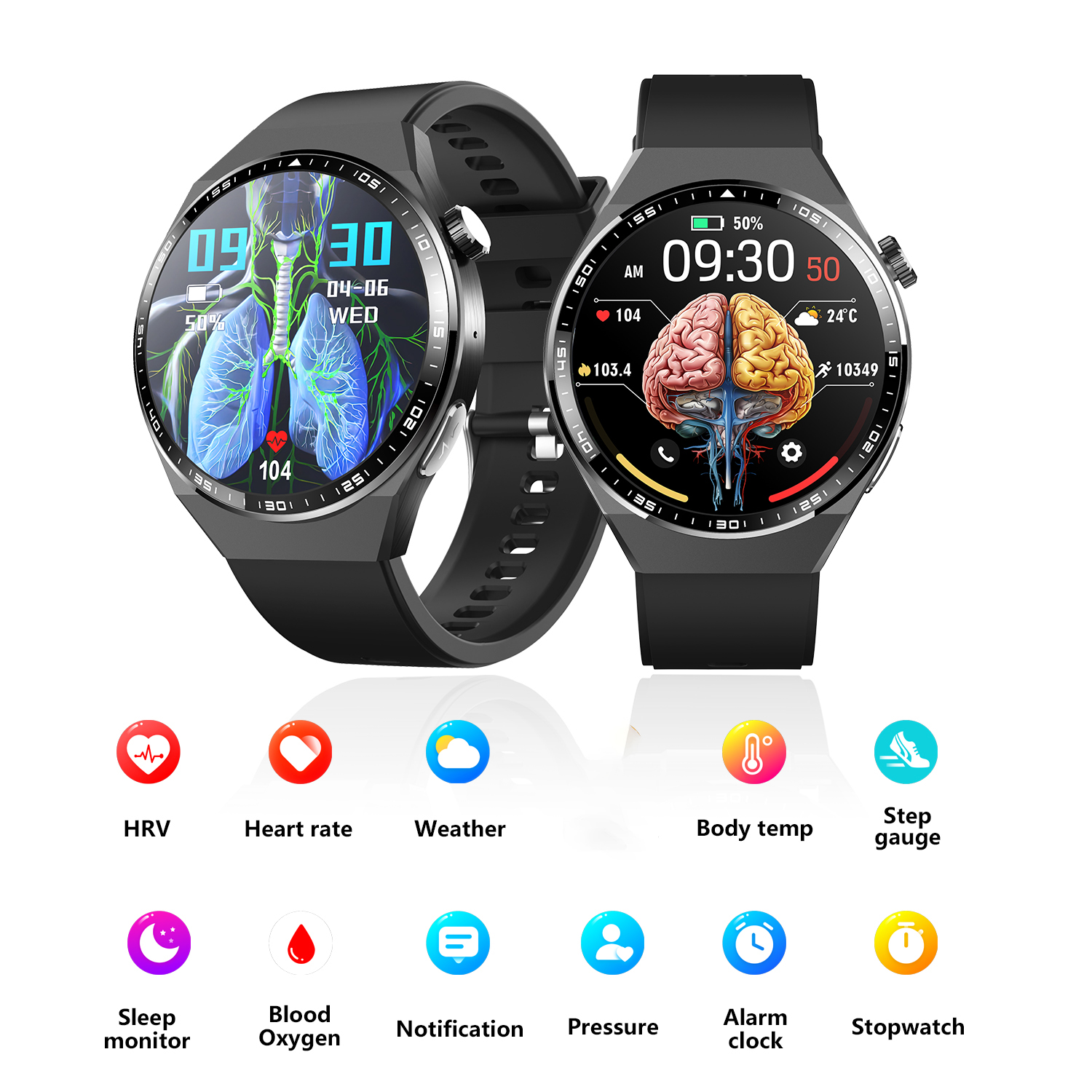 Zwei Smartwatches mit schwarzen Armbändern. Das Display zeigt Gesundheitsdaten und Symbole für HRV, Herzfrequenz, Wetter und andere Kennzahlen.