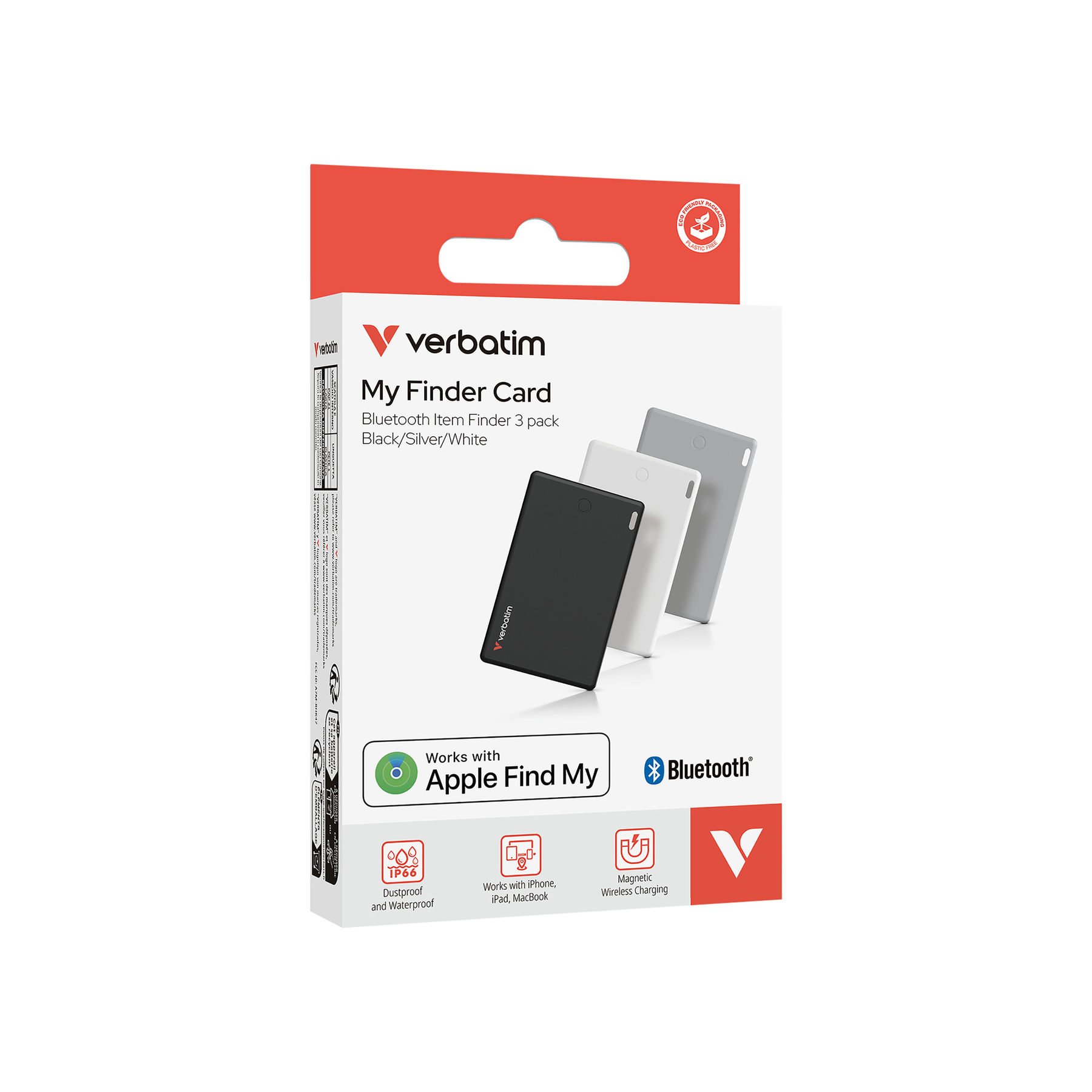 Una confezione Verbatim My Finder Card. Tre carte: nera, bianca e argento. Include Bluetooth, Apple Find My e impermeabile.