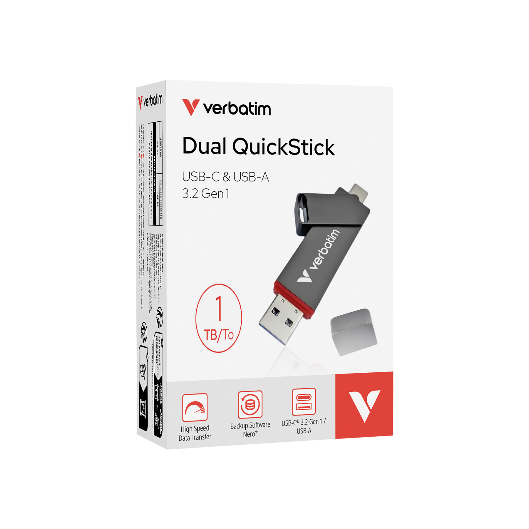 Dysk USB Verbatim Dual QuickStick znajduje się na białym pudełku. Jest to dysk USB-C i USB-A 3.2 Gen 1 o pojemności 1 TB/To.