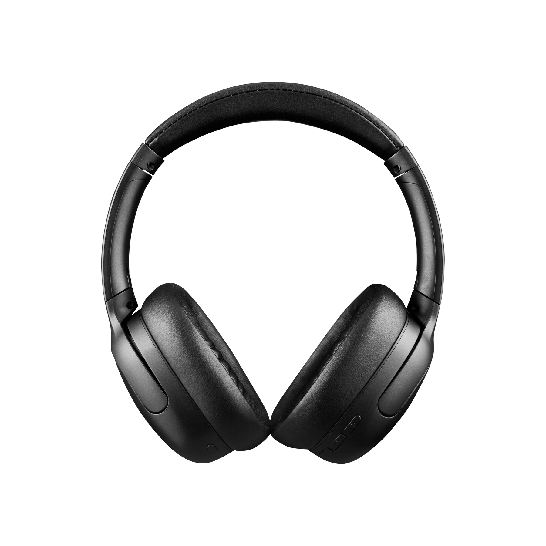 Para czarnych słuchawek na białym tle. Słuchawki nauszne, z wyściełanym pałąkiem i nausznikami.