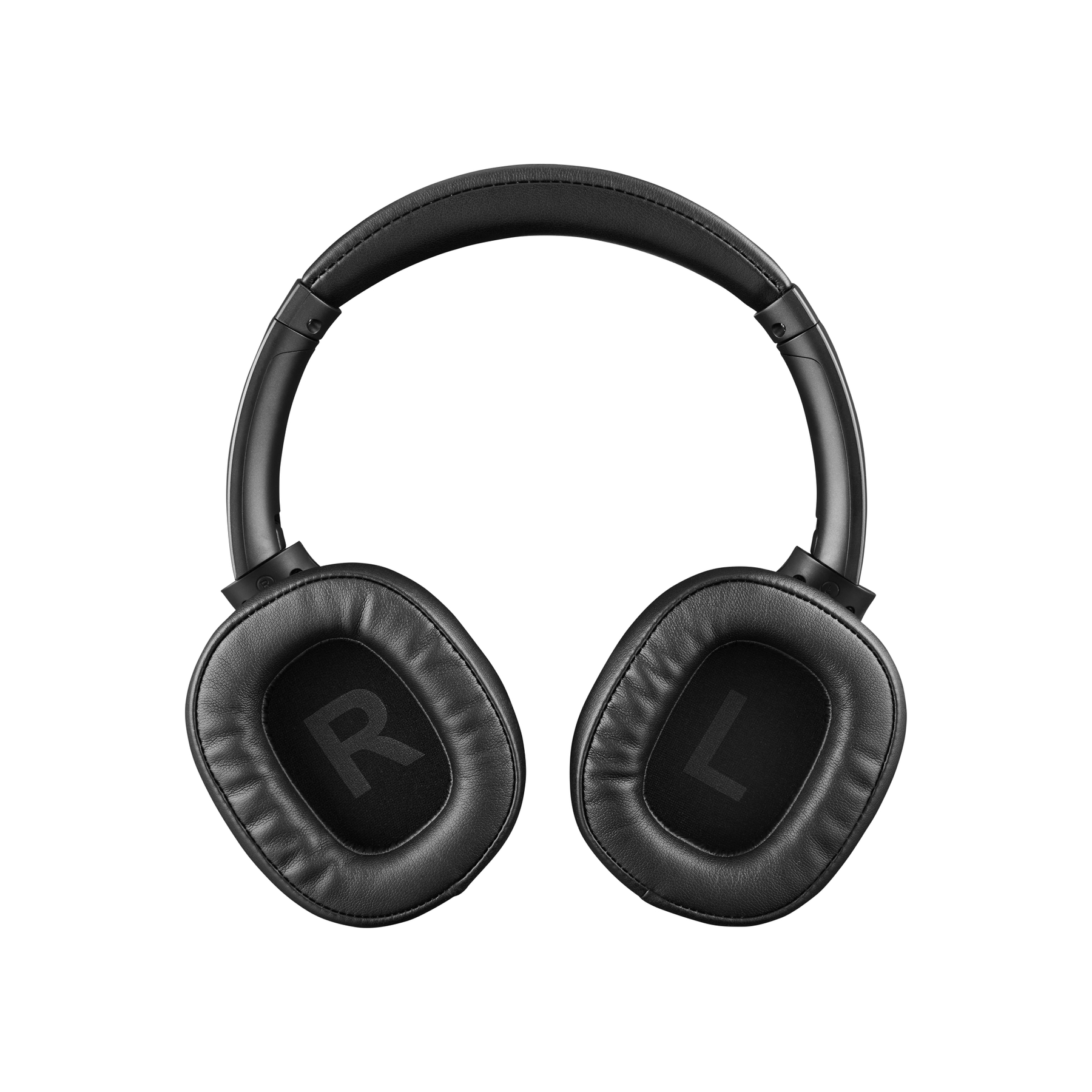 Czarne słuchawki na białym tle. Na nausznikach litery 'R' i 'L'. Pałąk jest zakrzywiony.