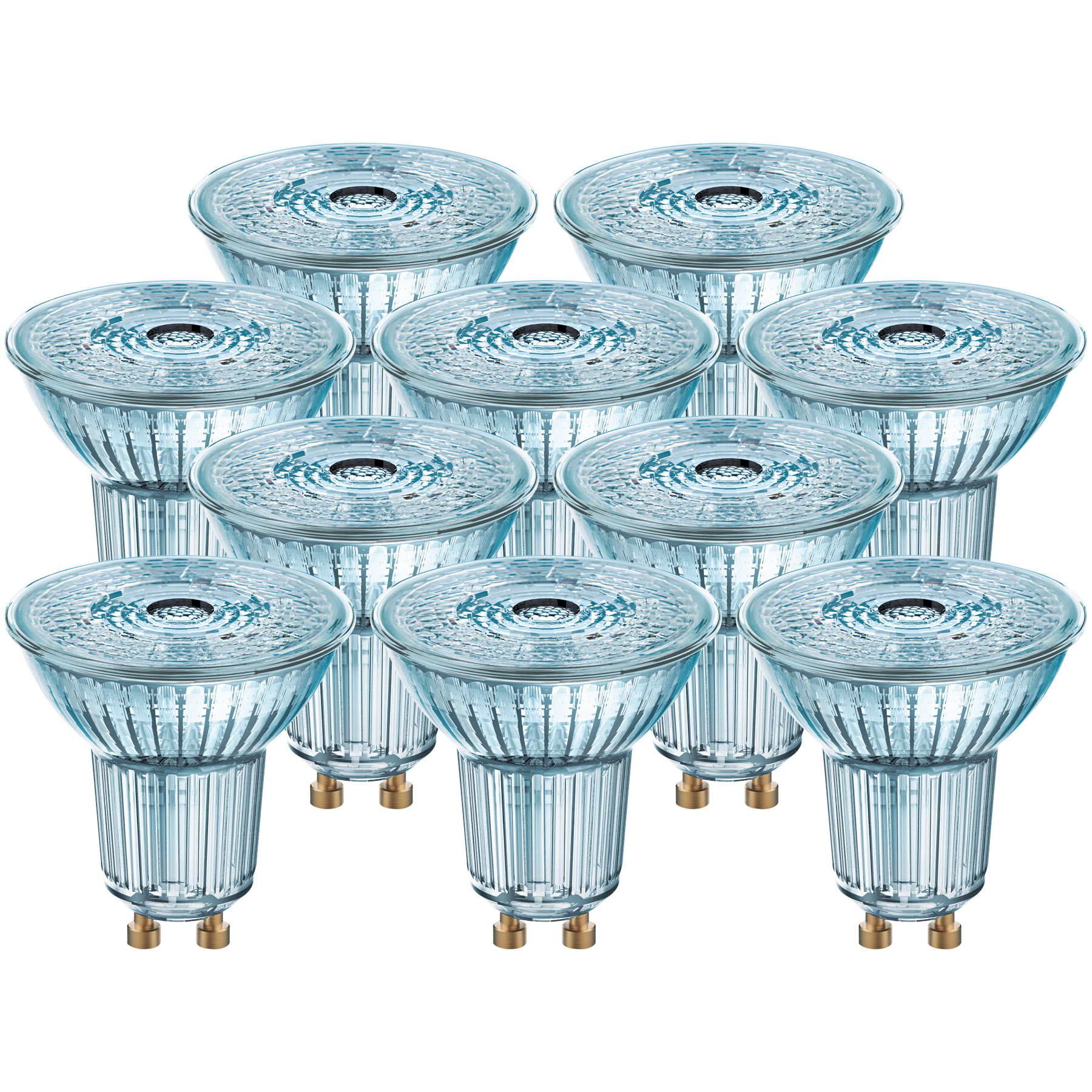 Grupa jedenastu niebieskawych żarówek ułożonych w symetryczny wzór na białym tle.