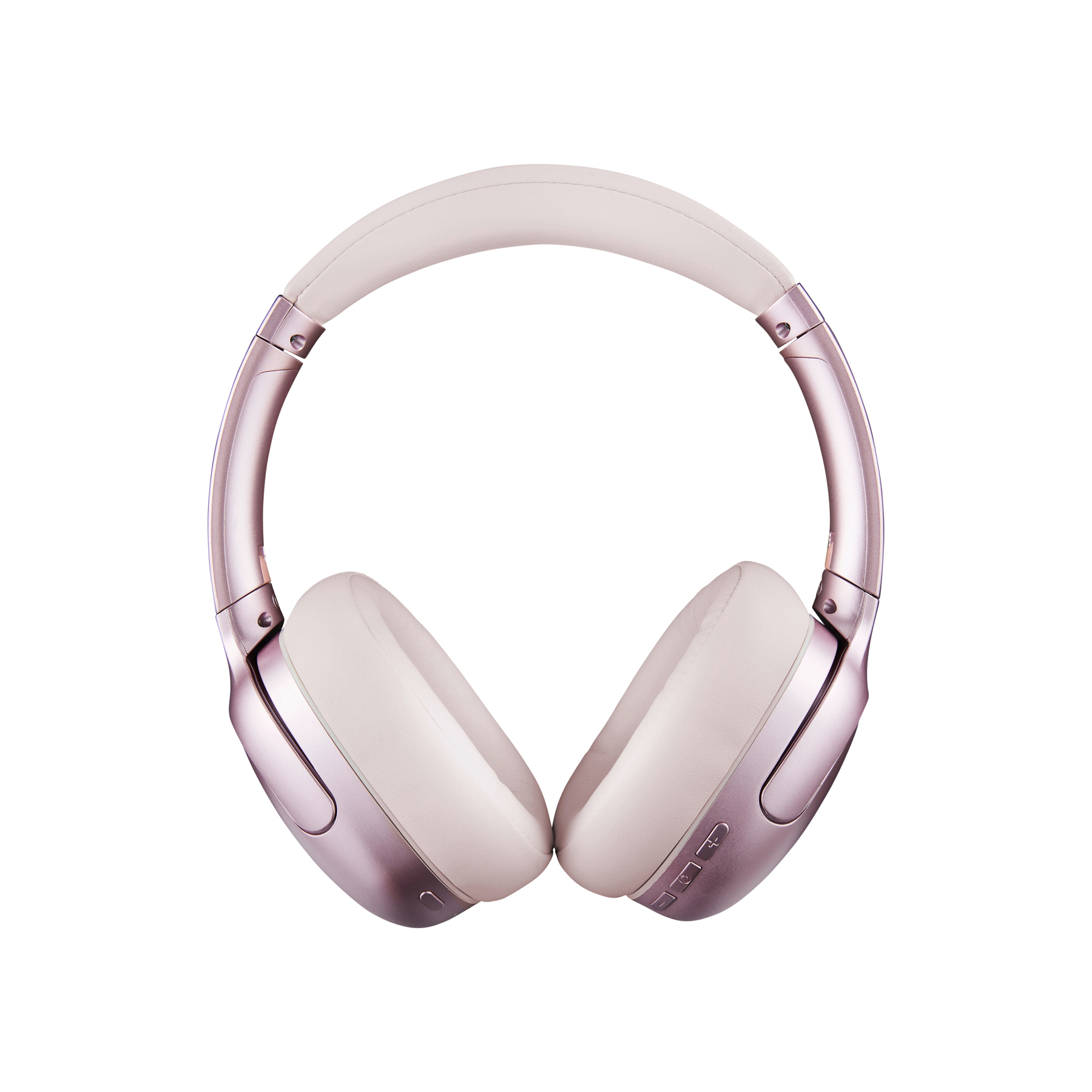 Casque circum-auriculaire avec cadre rose clair et coussinets blancs, isolé sur fond blanc, offrant un look épuré et moderne.