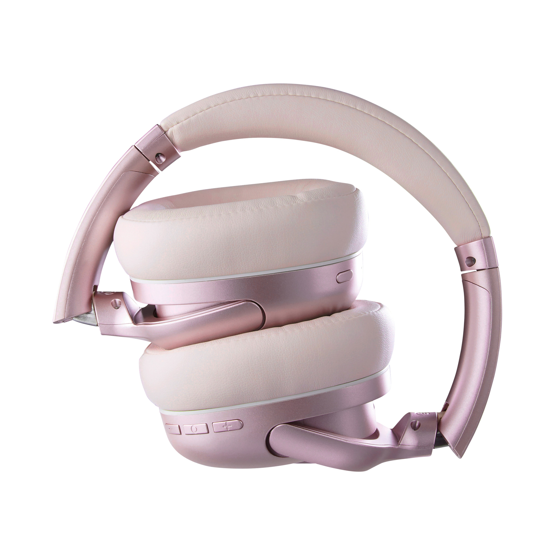 Casque rose doré, plié. Écouteurs et bandeau rose clair, sur fond blanc. Boutons visibles sur le côté.