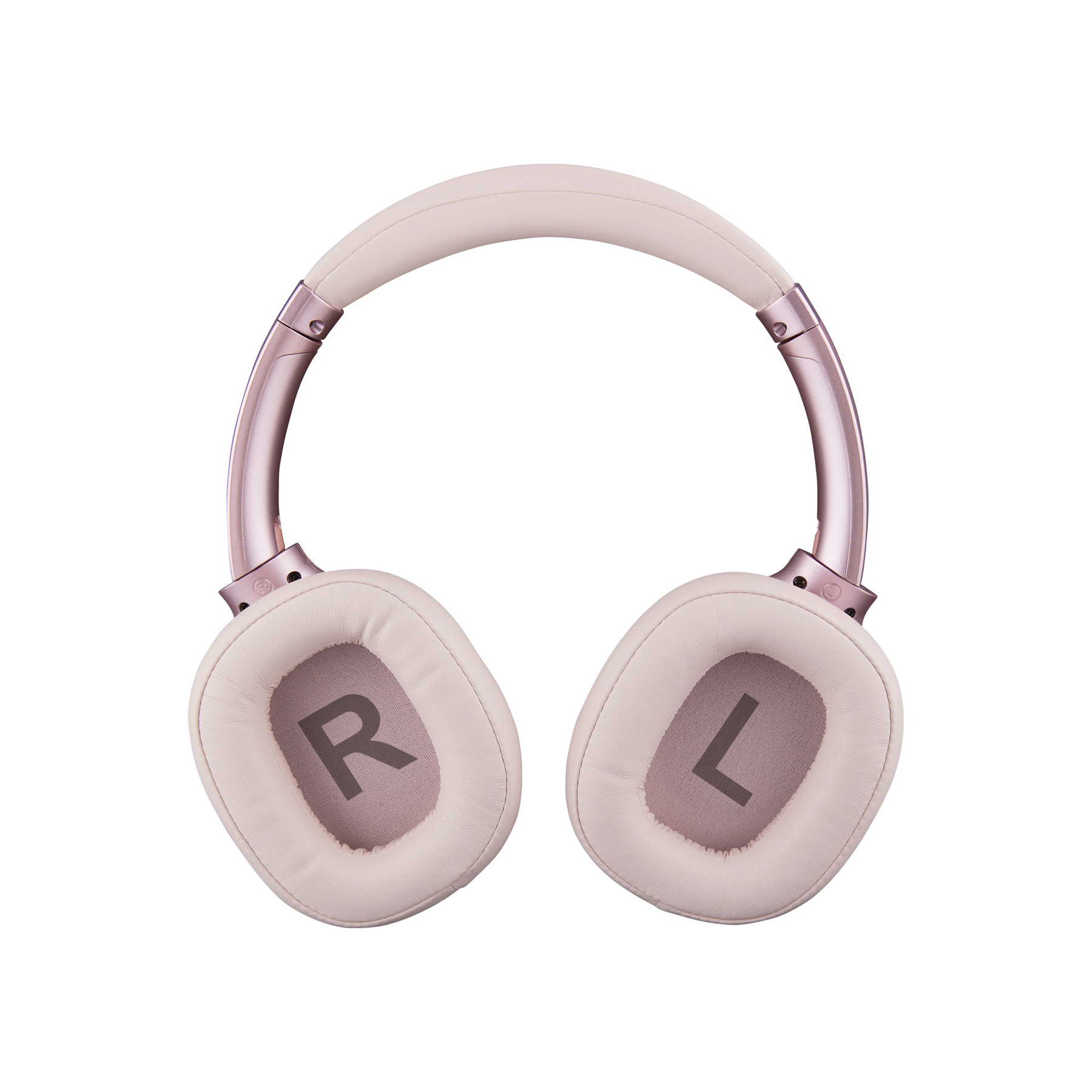 Casque circum-auriculaire rose et crème. Les écouteurs portent les marquages 'R' et 'L'. Isolé sur fond blanc.