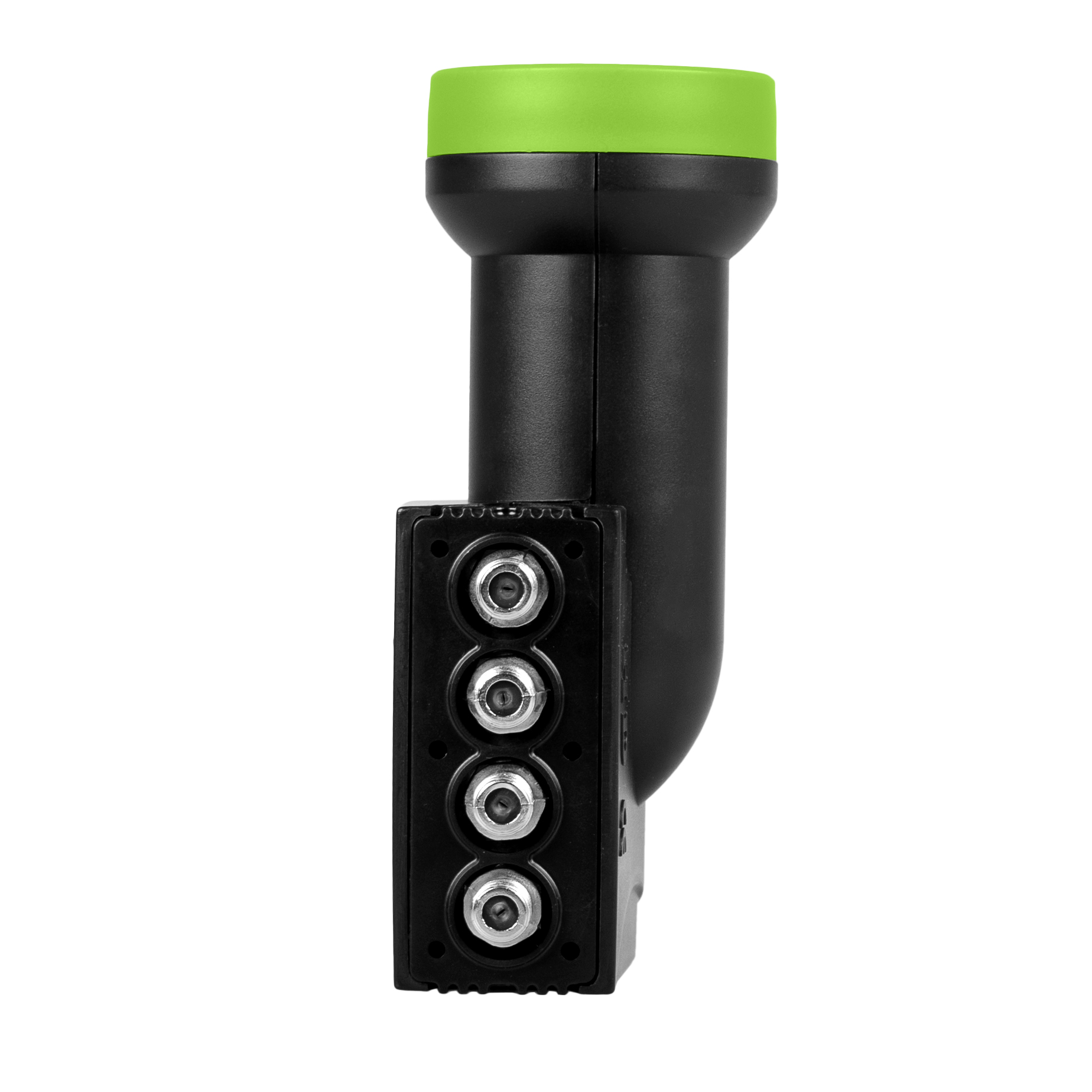 Czarny konwerter LNB z zieloną nasadką, z czterema złączami koncentrycznymi. Na białym tle.