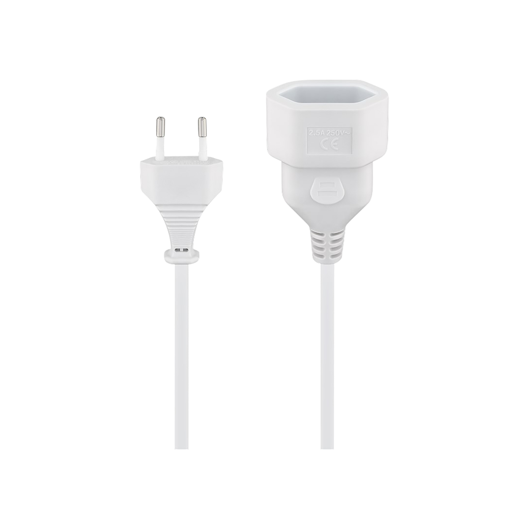 Due prese elettriche bianche su sfondo bianco. Una è una spina maschio, l'altra un'estensione femmina.