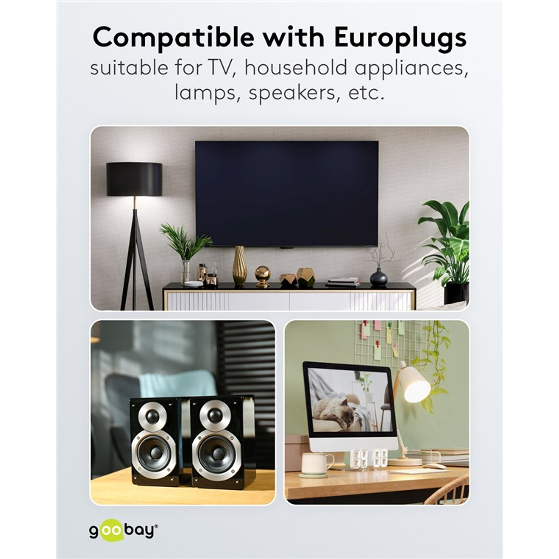 L'immagine mostra una TV, altoparlanti e un computer. Il testo dice compatibile con Europlug per TV, elettrodomestici, lampade.