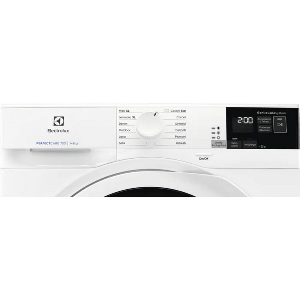 Un'asciugatrice Electrolux bianca. Ha un pannello di controllo con impostazioni per diversi tessuti e un display digitale.