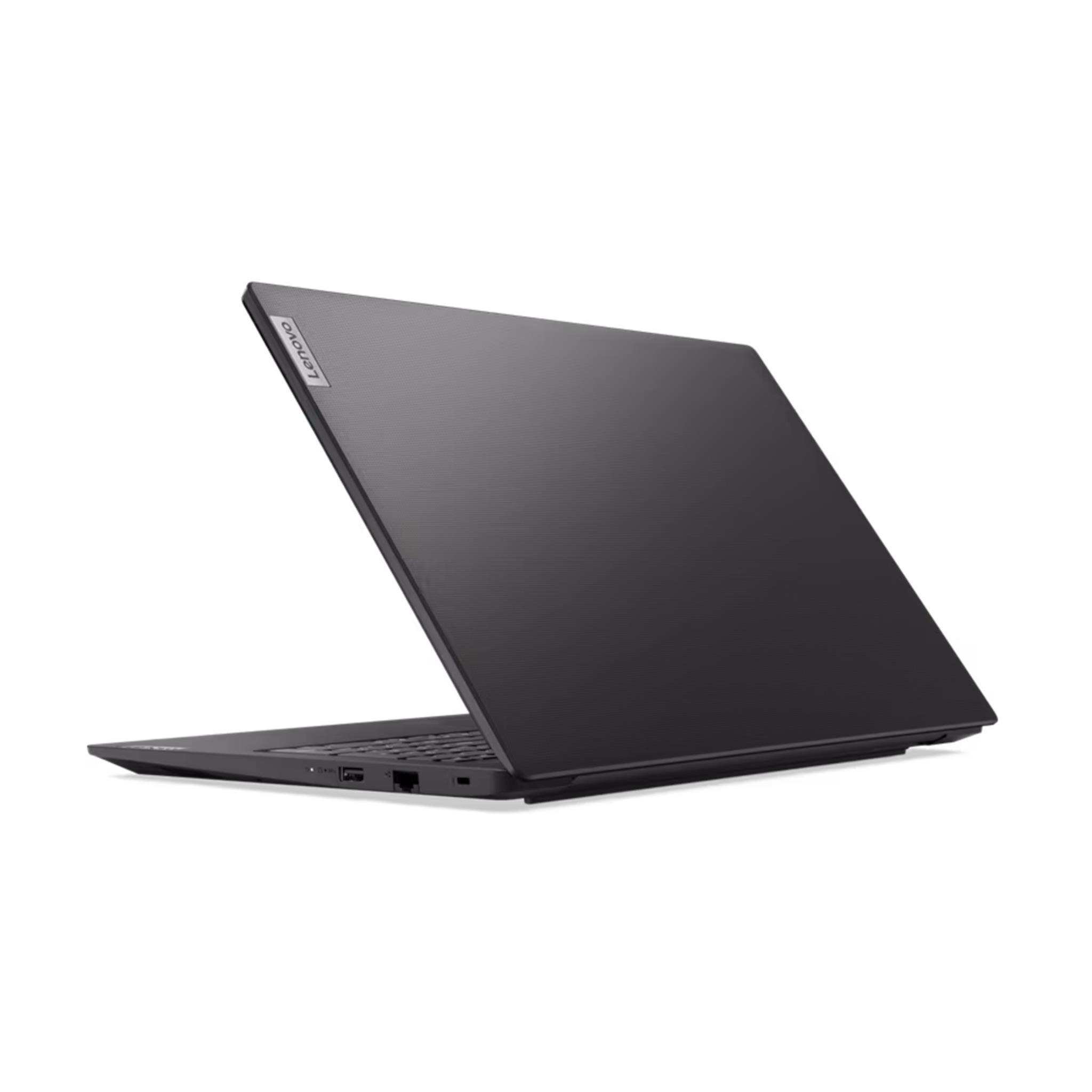 Ein schwarzer Lenovo-Laptop steht angewinkelt auf einer weißen Oberfläche. Der Deckel ist geöffnet und gibt Tastatur und Bildschirm frei.