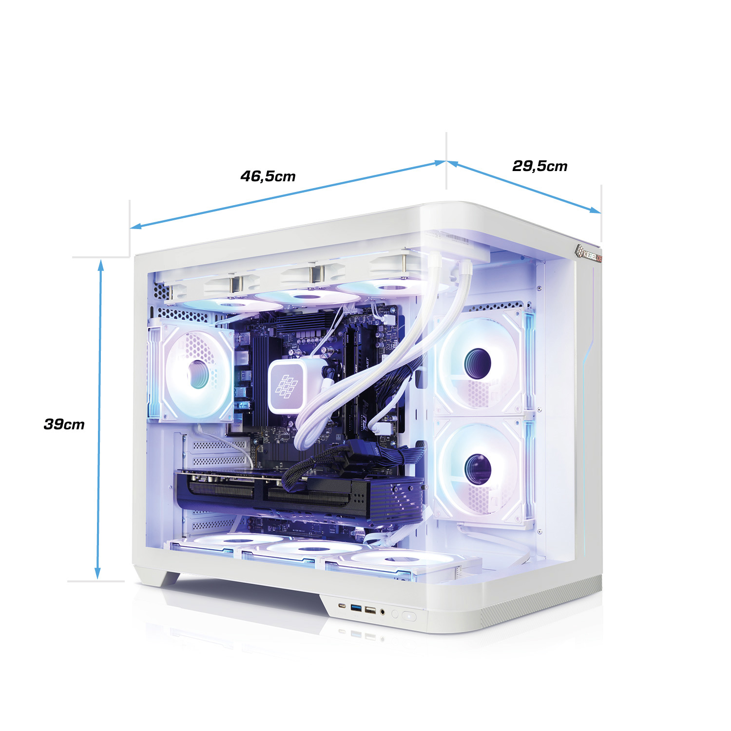 Boîtier d'ordinateur blanc avec composants internes visibles. Ventilateurs, carte mère et refroidissement liquide éclairés par des lumières RVB.