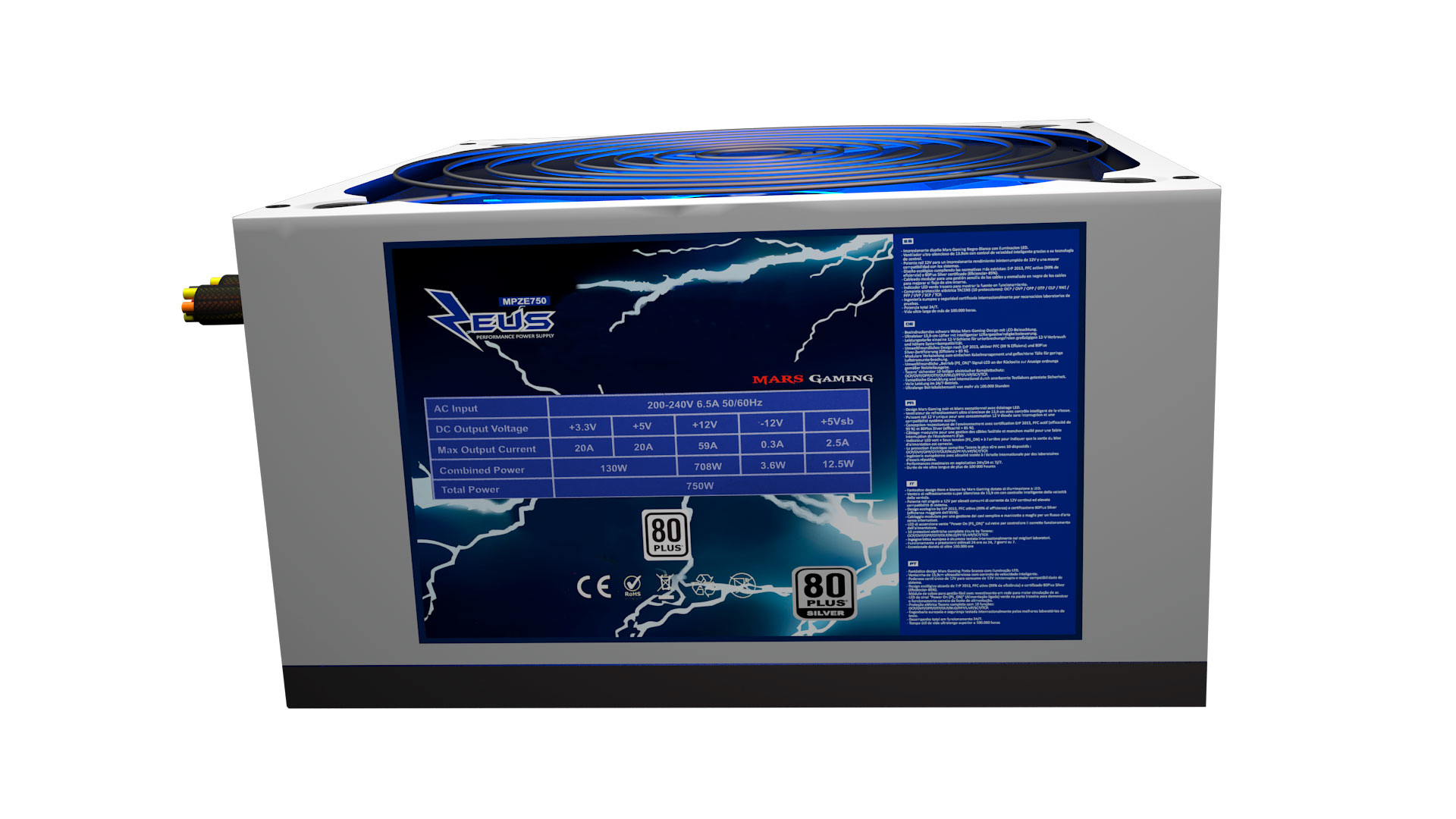 Un alimentatore per computer, bianco con dettagli blu. Ha specifiche e il logo 80 Plus Silver.