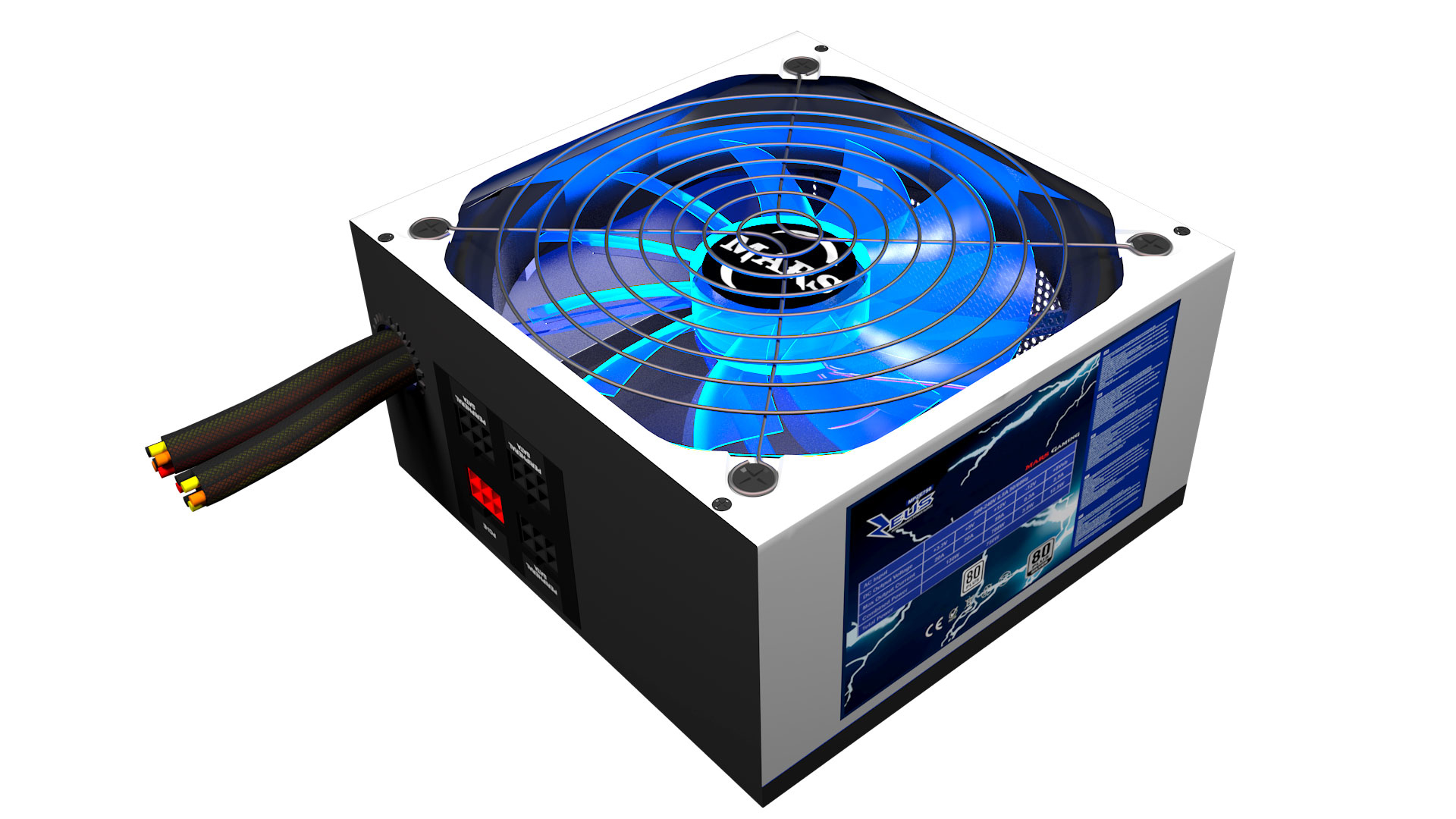 Un alimentatore per computer con una ventola blu brillante. Ha un involucro bianco e nero e due cavi neri che si estendono da esso.