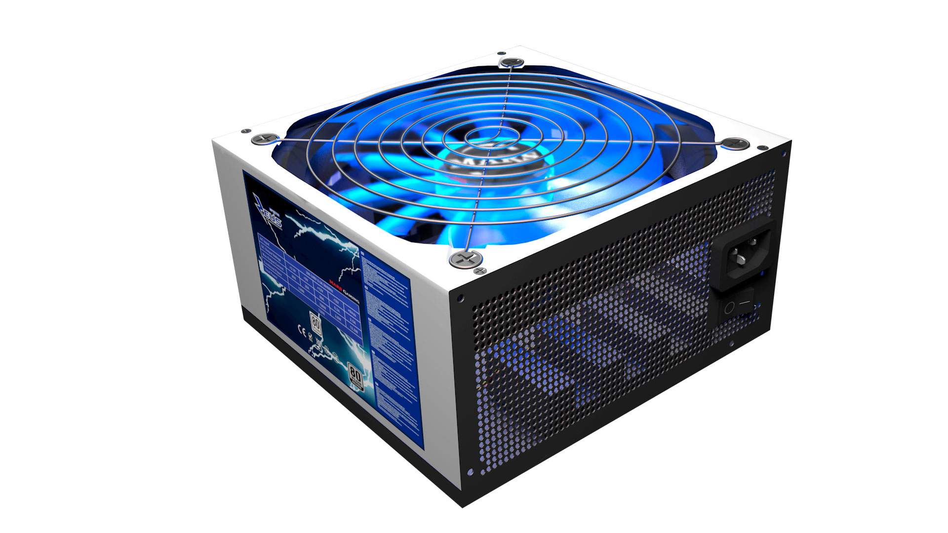 Un alimentatore per computer con ventola blu. Ha un lato a rete nero, una parte superiore bianca e un connettore e interruttore di alimentazione.
