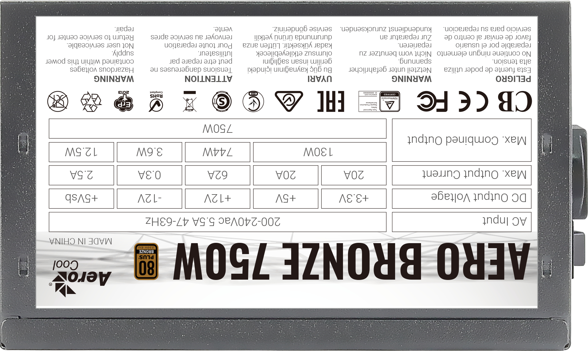Alimentatore Aero Bronze 750W. Nero e grigio con testo e numeri. Contiene avvertenze e certificazioni.