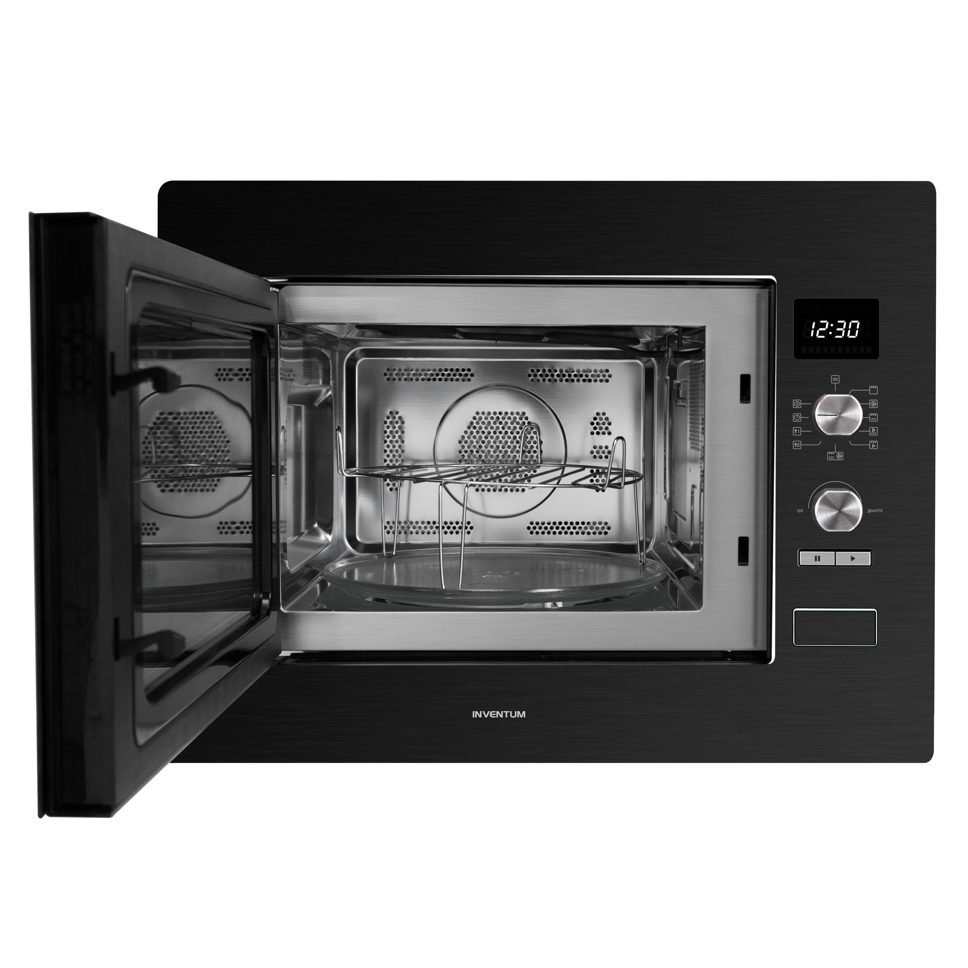 A black microwave oven, open, showing interior parts, including a glass plate, a grill, and control panel with a clock.