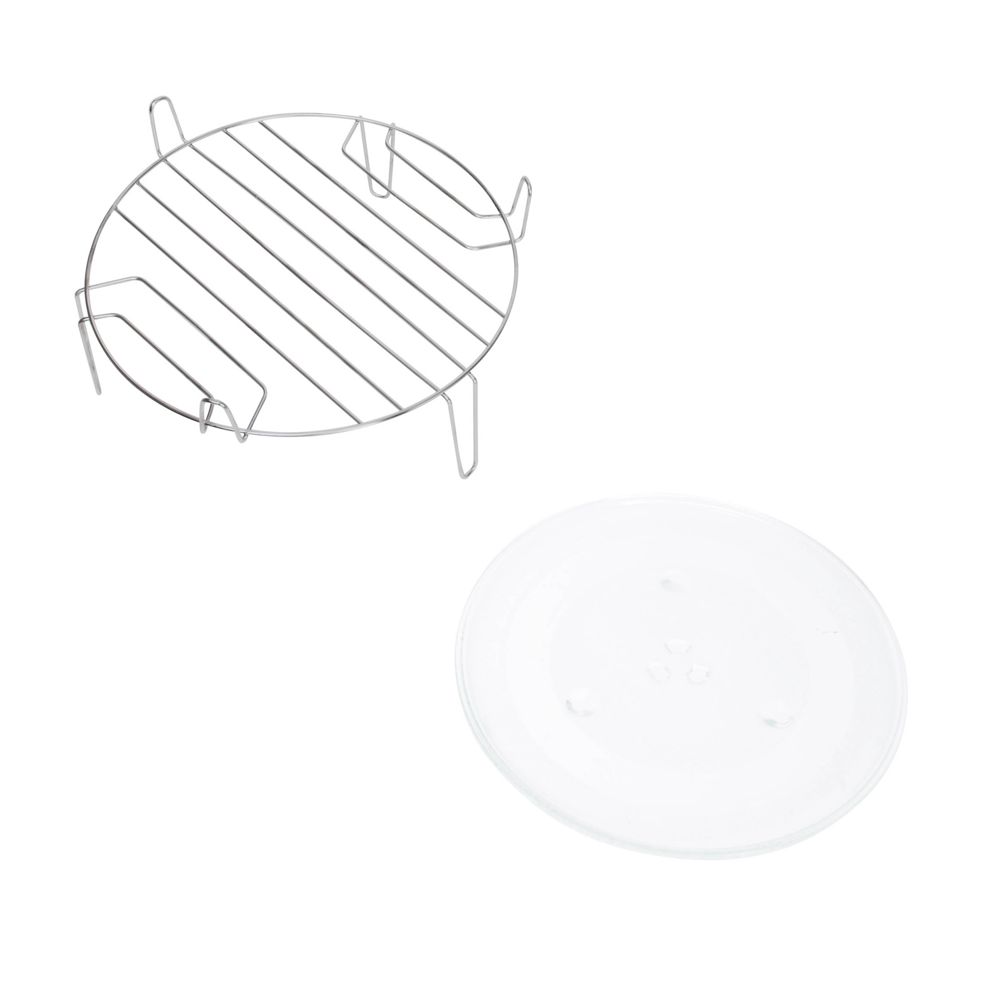 Une grille métallique avec une plaque de verre sur fond blanc. Les deux sont des appareils de cuisine. La grille est au-dessus de l'assiette.