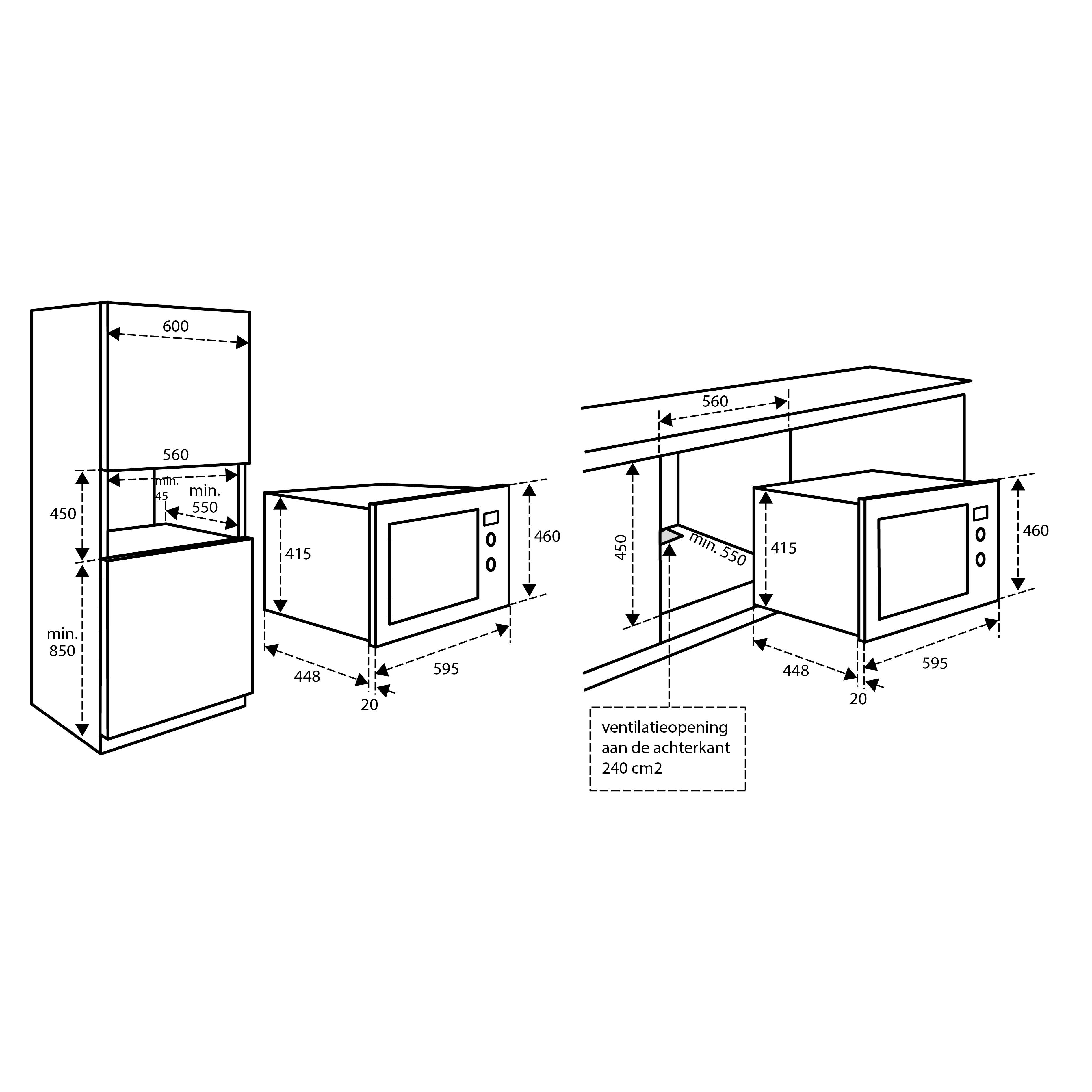Technical drawing of a built-in microwave oven and cabinet, with dimensions and labels in Dutch.