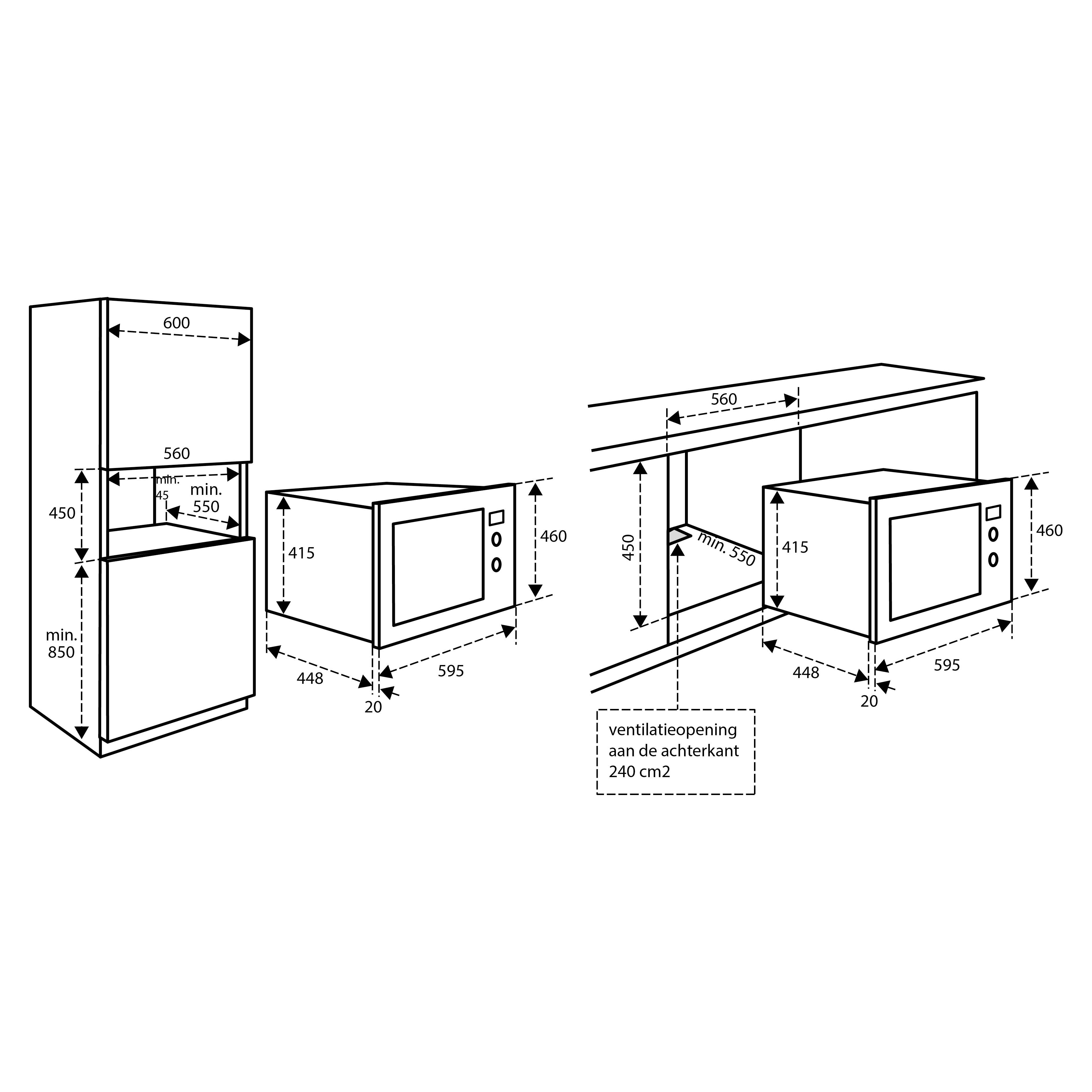 Dessin technique d'un micro-ondes et d'une armoire encastrés, avec dimensions en millimètres.