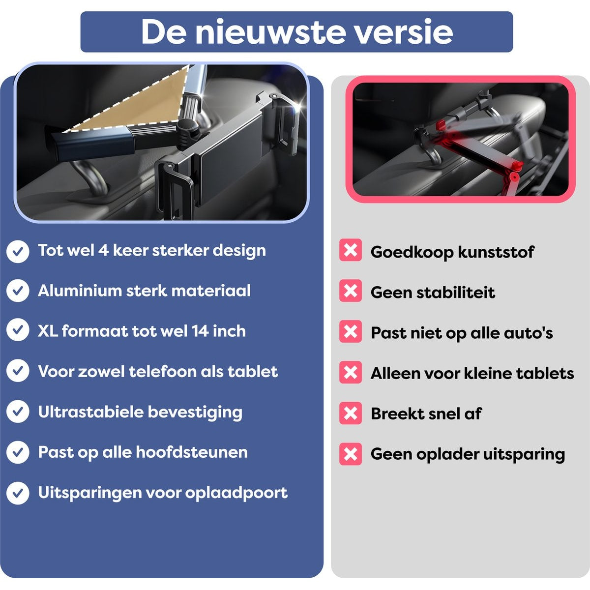 Image shows a car headrest tablet holder. Features are listed as stronger design, aluminum material, XL size, tablet/phone support, and stable fixing.