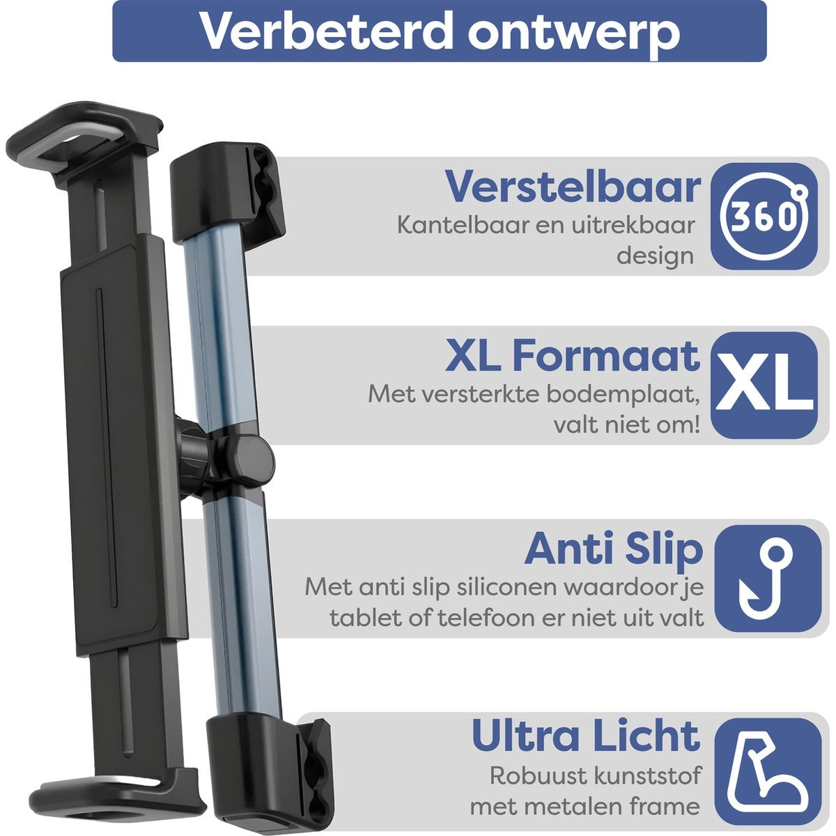 A black tablet holder with silver supports. Text describes features like adjustable, XL format, anti-slip, and ultra-light.