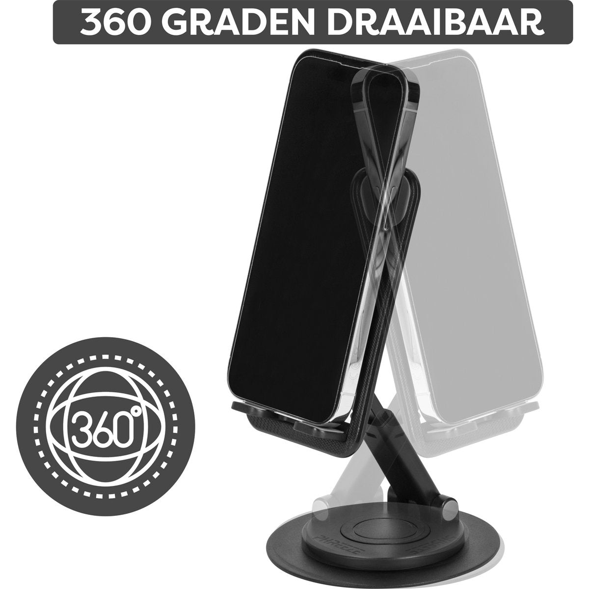 A black phone is mounted on a stand. A 360-degree icon is shown. The background shows a blurred phone.