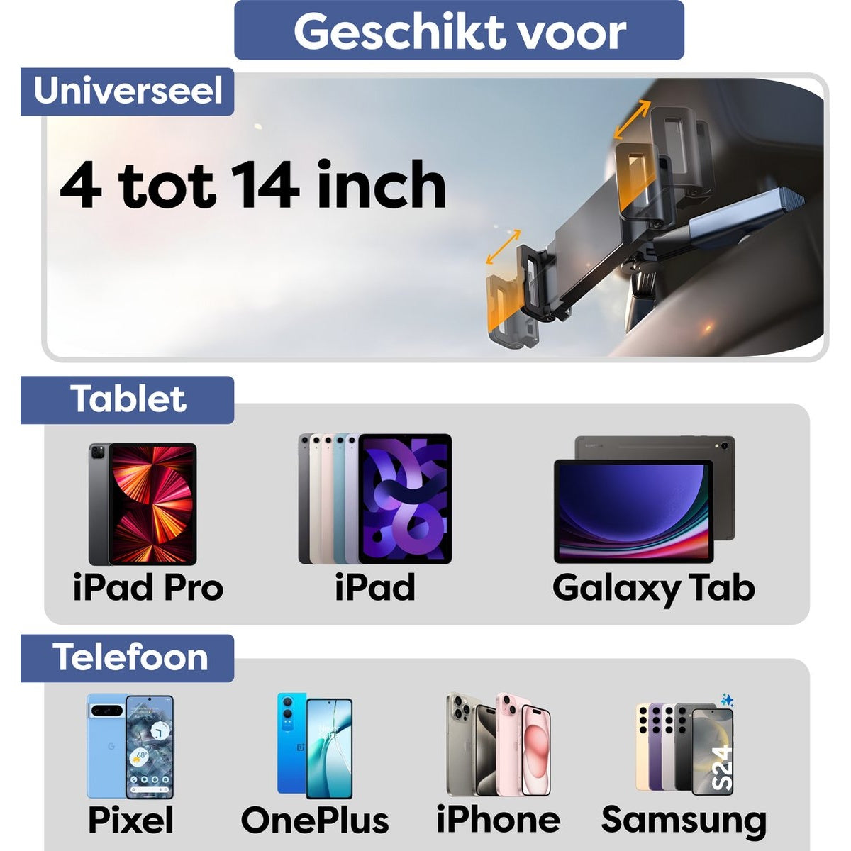 Image shows a car mount, tablets, and phones. It supports devices from 4 to 14 inches. Brands include Apple, Samsung, and OnePlus.