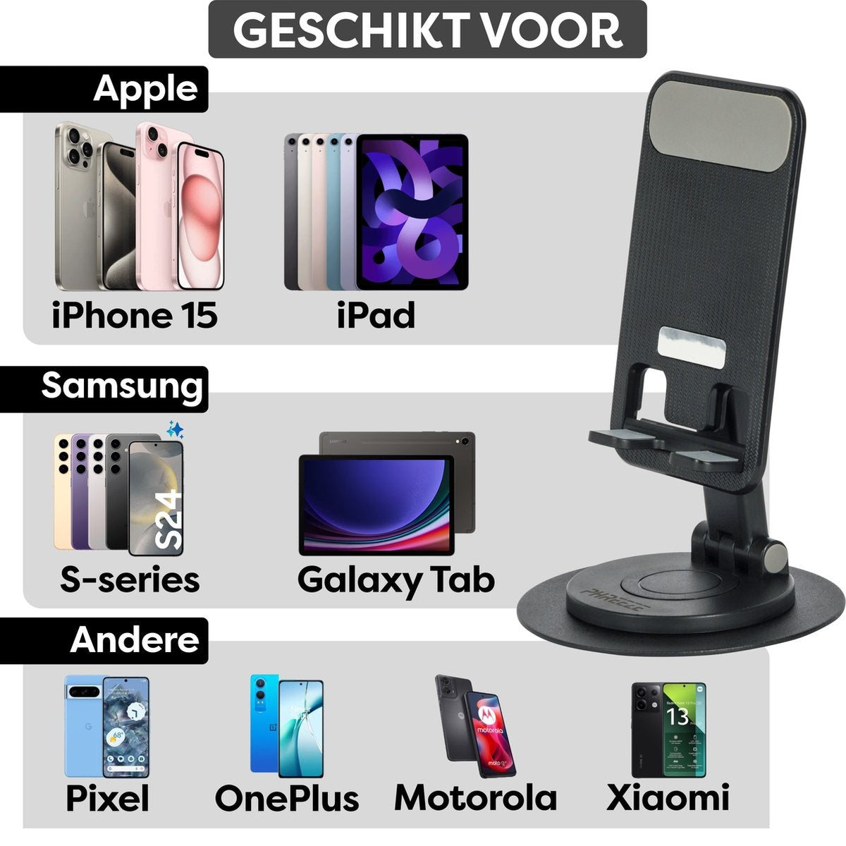 Image shows phones and tablets with a phone stand. Brands include Apple, Samsung, OnePlus, Motorola and Xiaomi.