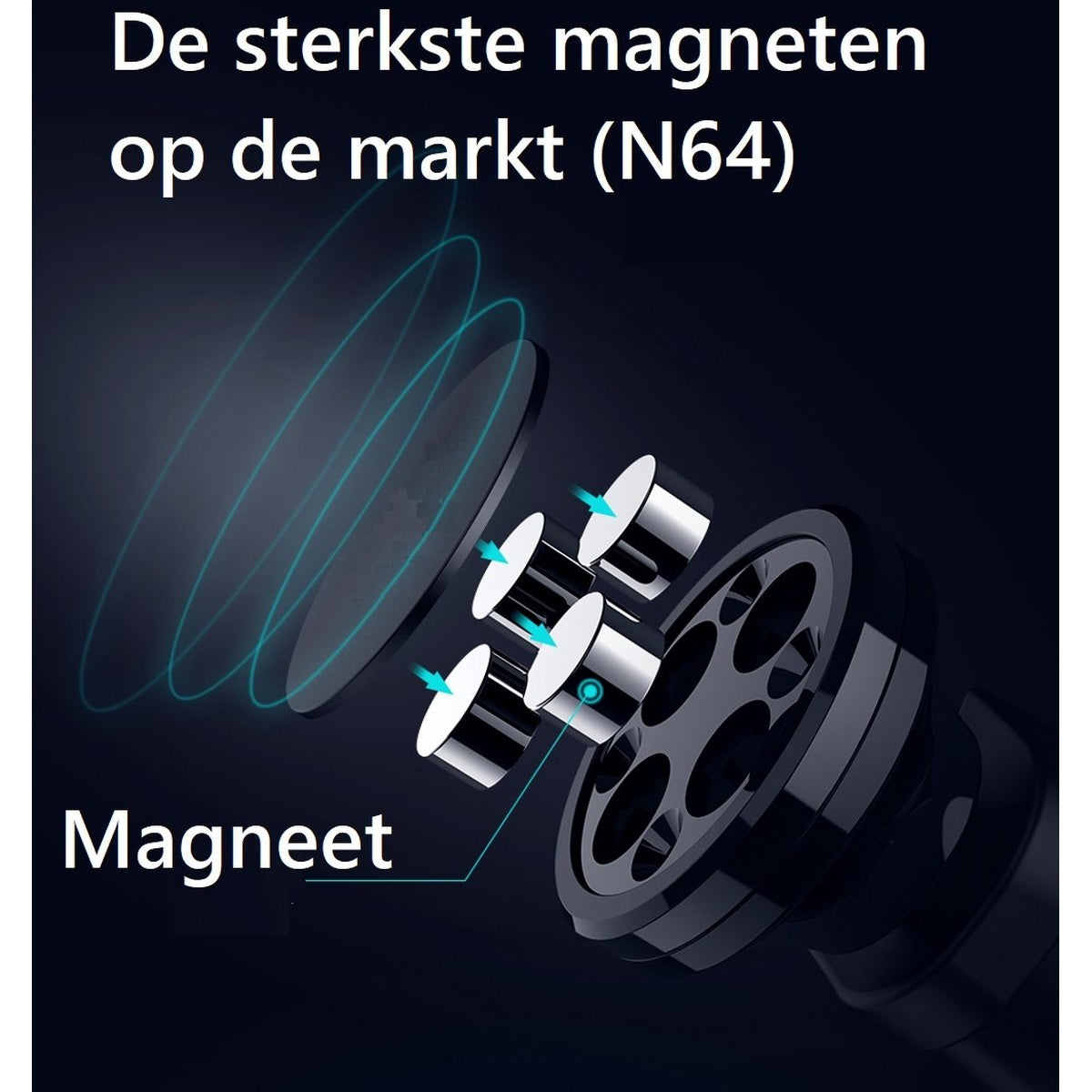Diagram of magnets, metallic cylinders arranged to show magnetic force lines. Text says 'strongest magnets on the market'.