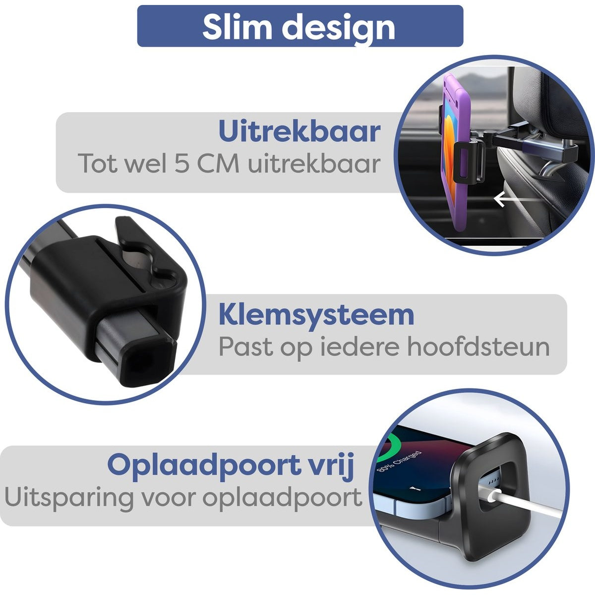 Image shows a car headrest mount with phone/tablet. Features include slim design, extendable, clamping system, and charging port.