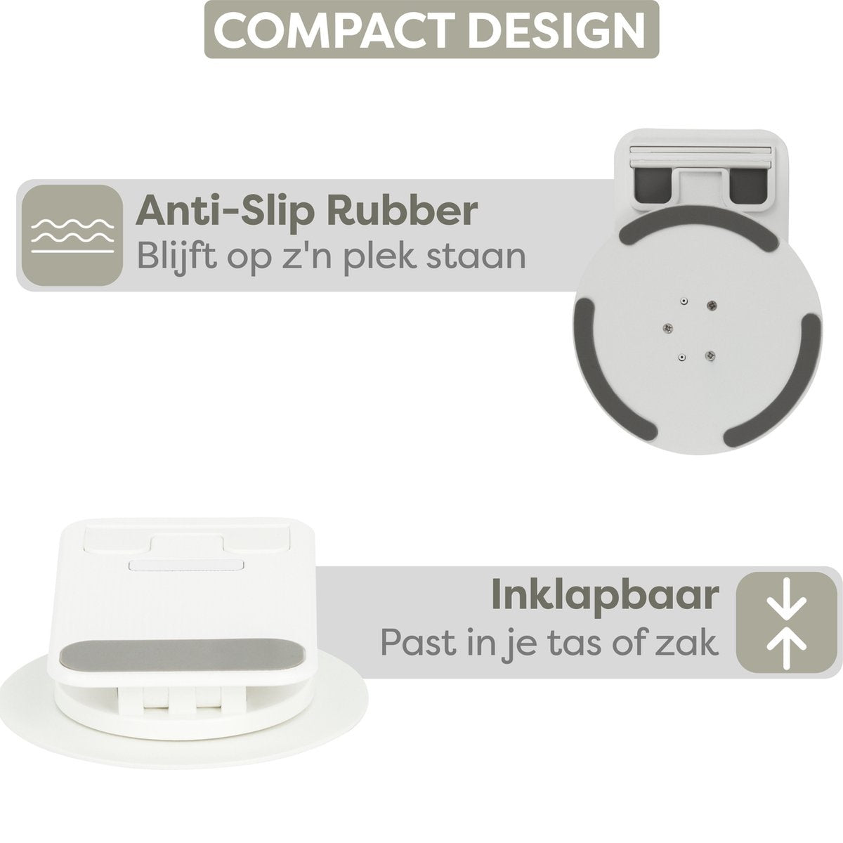 Image shows a product with features like anti-slip rubber, compact design, and foldable for easy storage. Text is in Dutch.