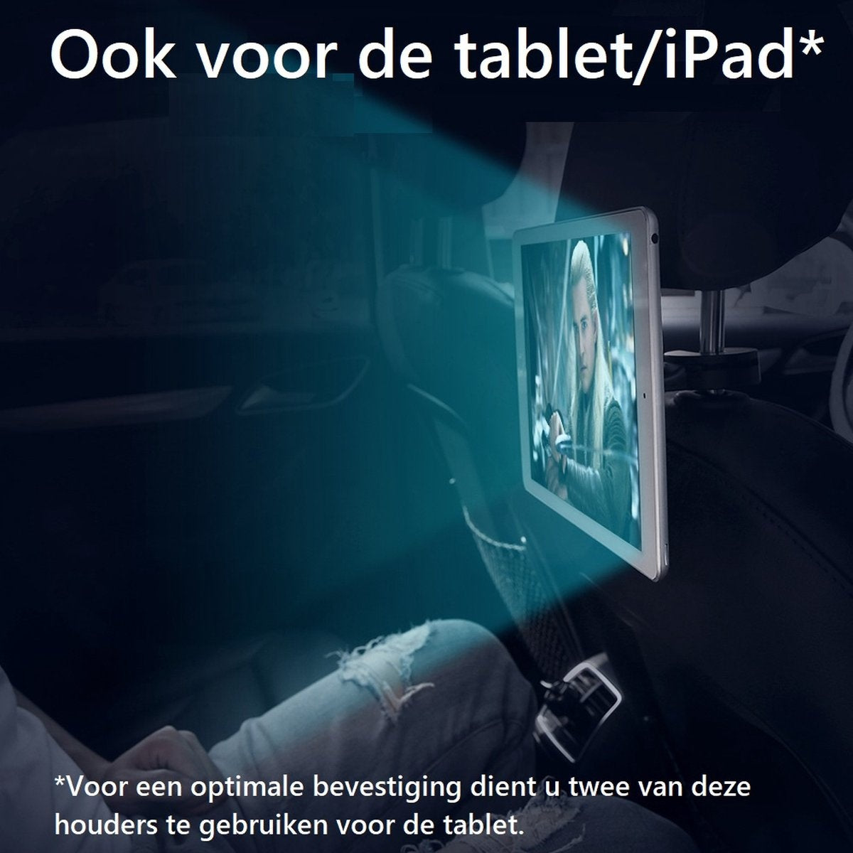 A tablet is mounted on a car seat, displaying a movie scene. The scene shows a person with long hair. The text says 'Ook voor de tablet/iPad'.