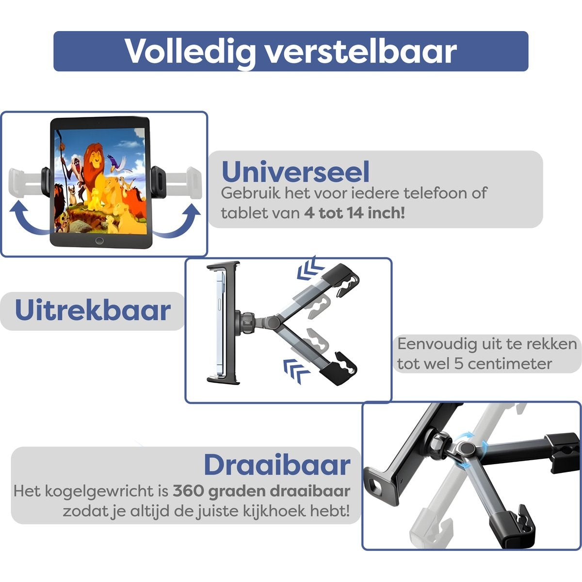 An adjustable tablet holder. Features include universal fit, extendable arms, and a 360-degree swivel. The tablet shows a scene from The Lion King.