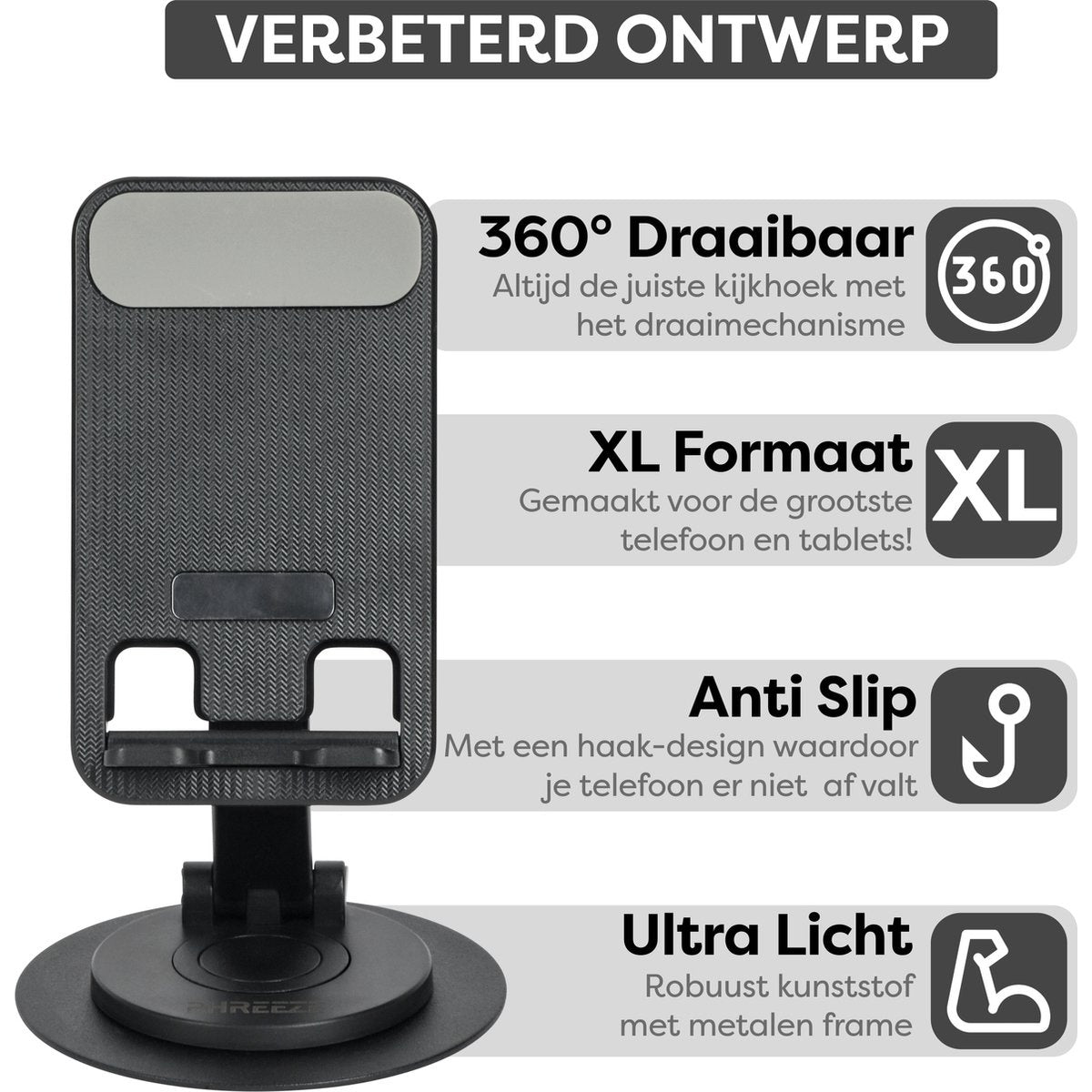 A black phone stand with key features highlighted: 360° rotation, XL size, anti-slip design, and ultra-light build.