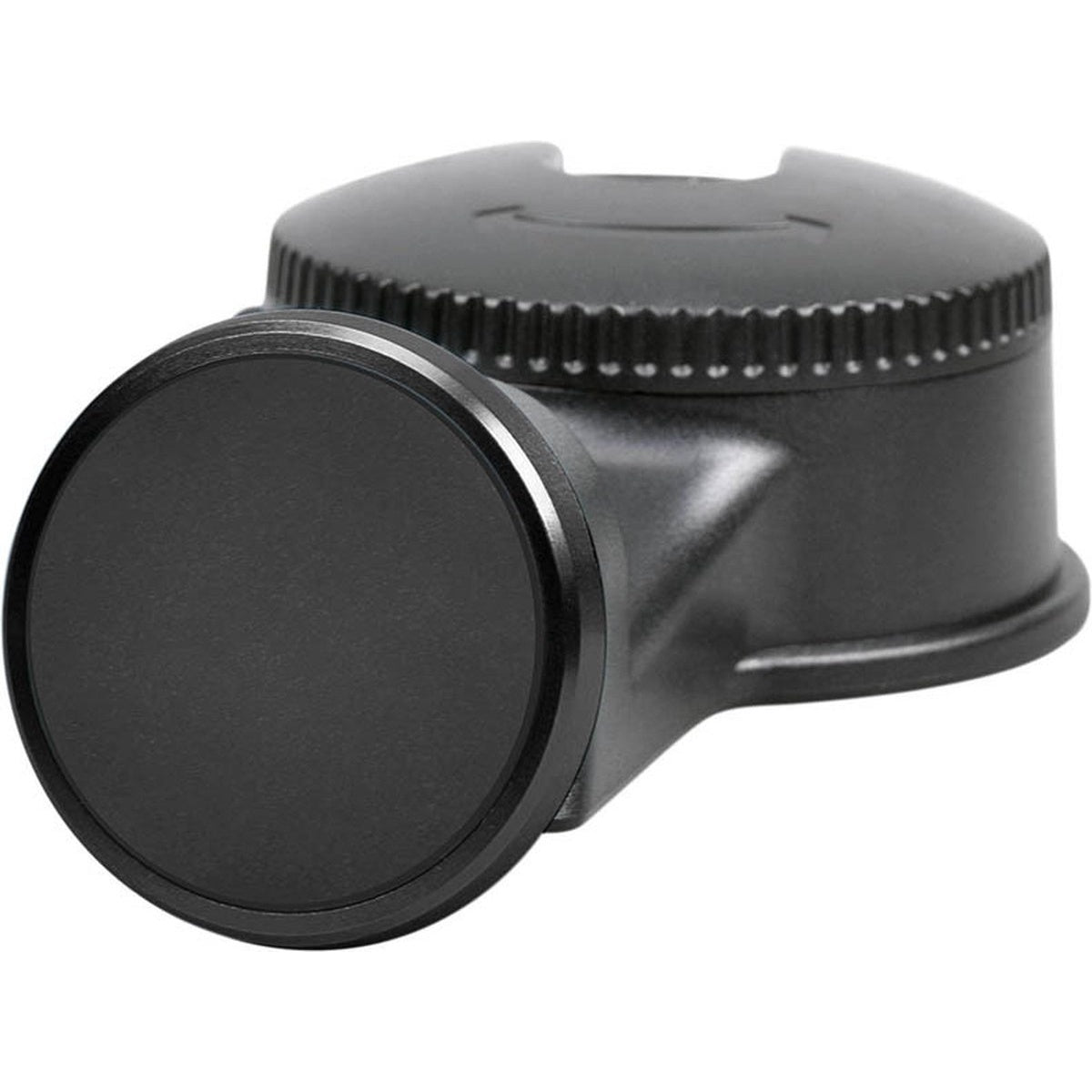 A black, metallic car mount. It has a round magnetic plate, and a base with a ridged edge and a curved design.